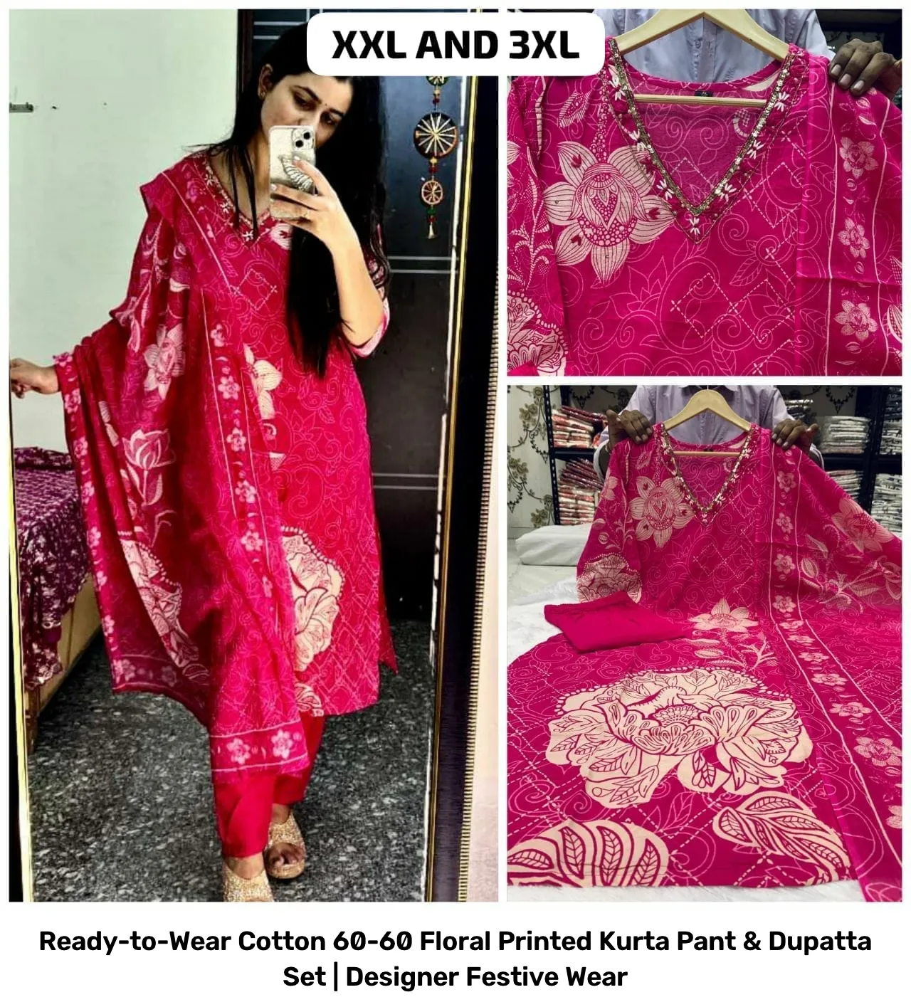 Ready-to-Wear Cotton 60-60 Floral Printed Kurta Pant & Dupatta Set | Designer Festive Wear 16