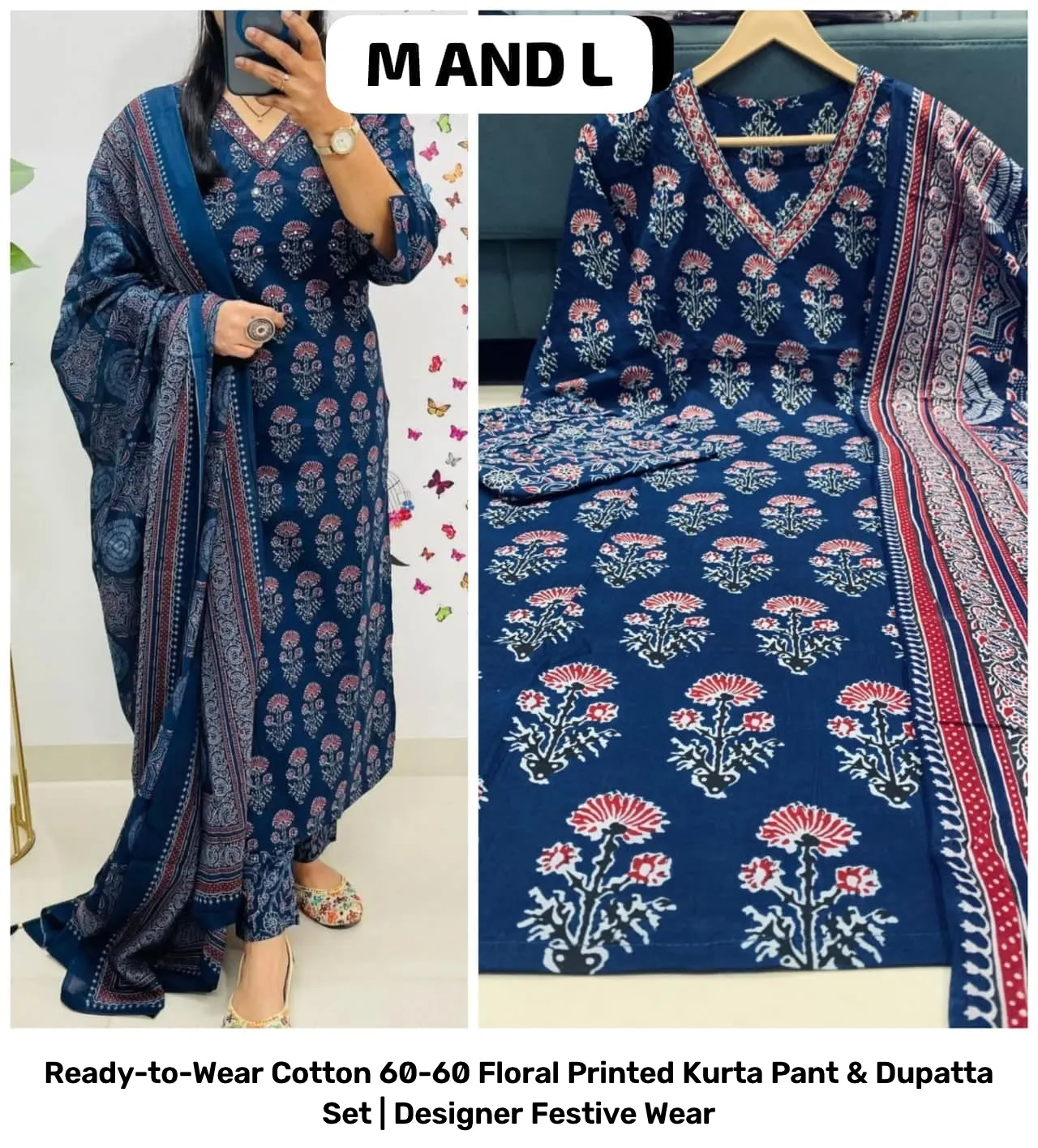 Ready-to-Wear Cotton 60-60 Floral Printed Kurta Pant & Dupatta Set | Designer Festive Wear 19