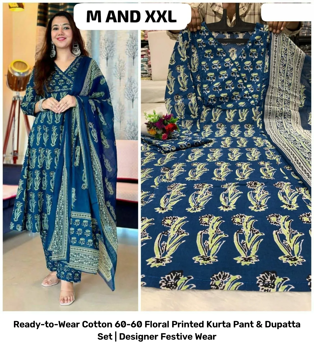 Ready-to-Wear Cotton 60-60 Floral Printed Kurta Pant & Dupatta Set | Designer Festive Wear 2