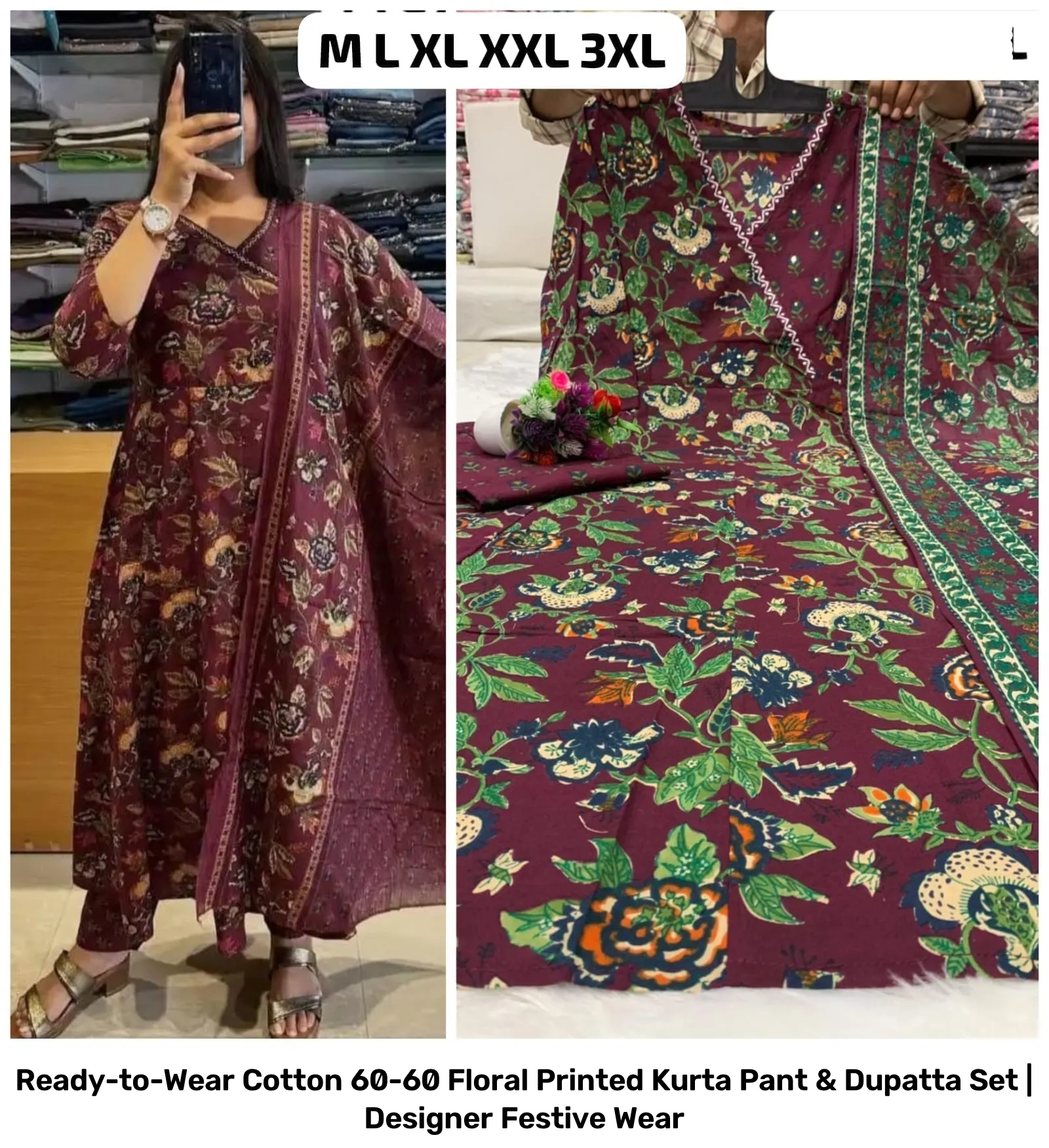 Ready-to-Wear Cotton 60-60 Floral Printed Kurta Pant & Dupatta Set | Designer Festive Wear 22