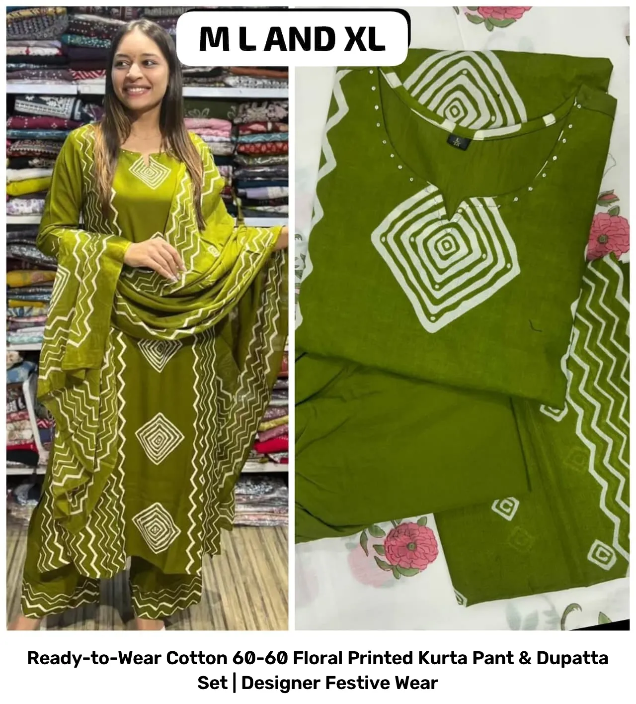 Ready-to-Wear Cotton 60-60 Floral Printed Kurta Pant & Dupatta Set | Designer Festive Wear 23