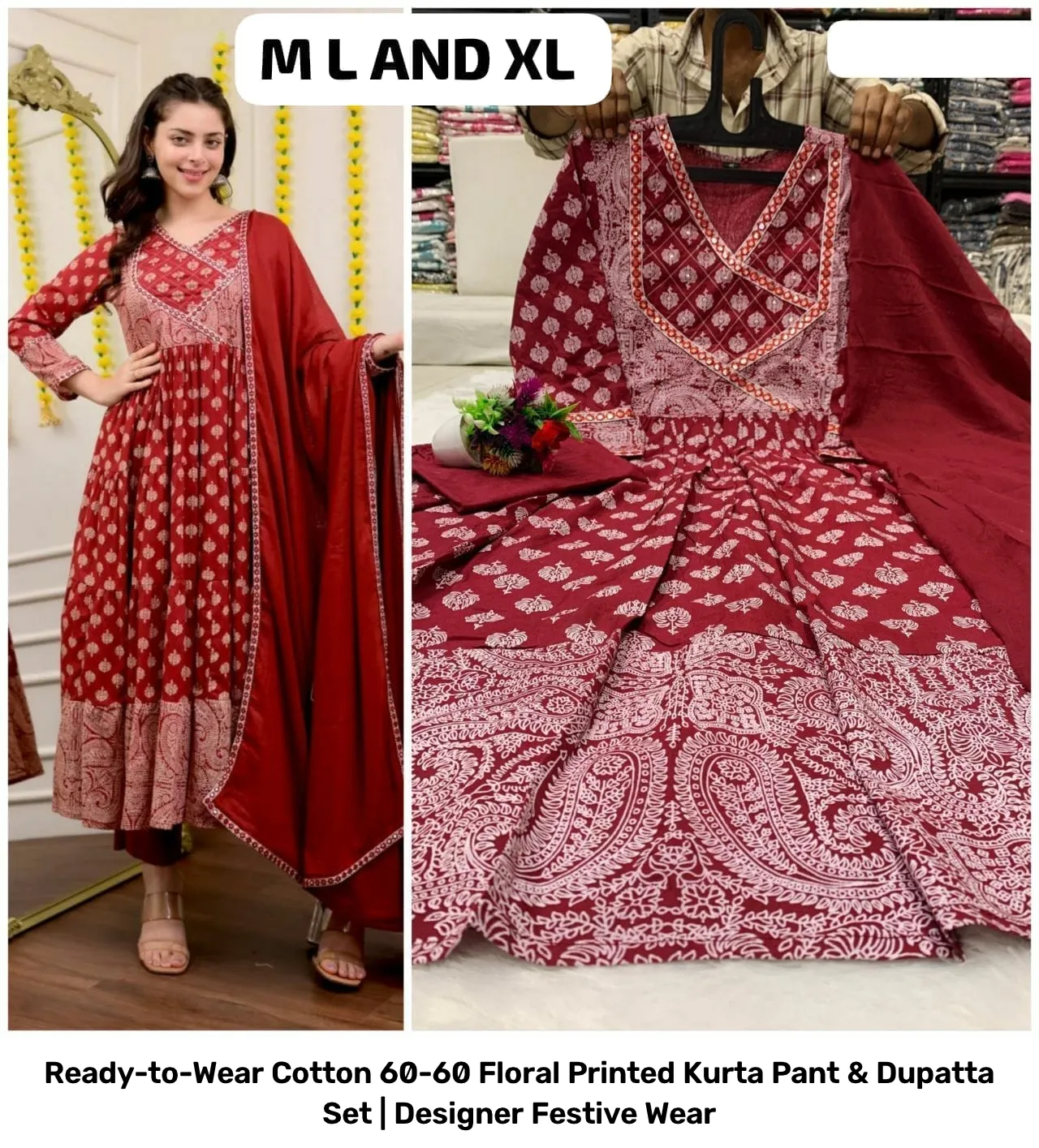Ready-to-Wear Cotton 60-60 Floral Printed Kurta Pant & Dupatta Set | Designer Festive Wear 24