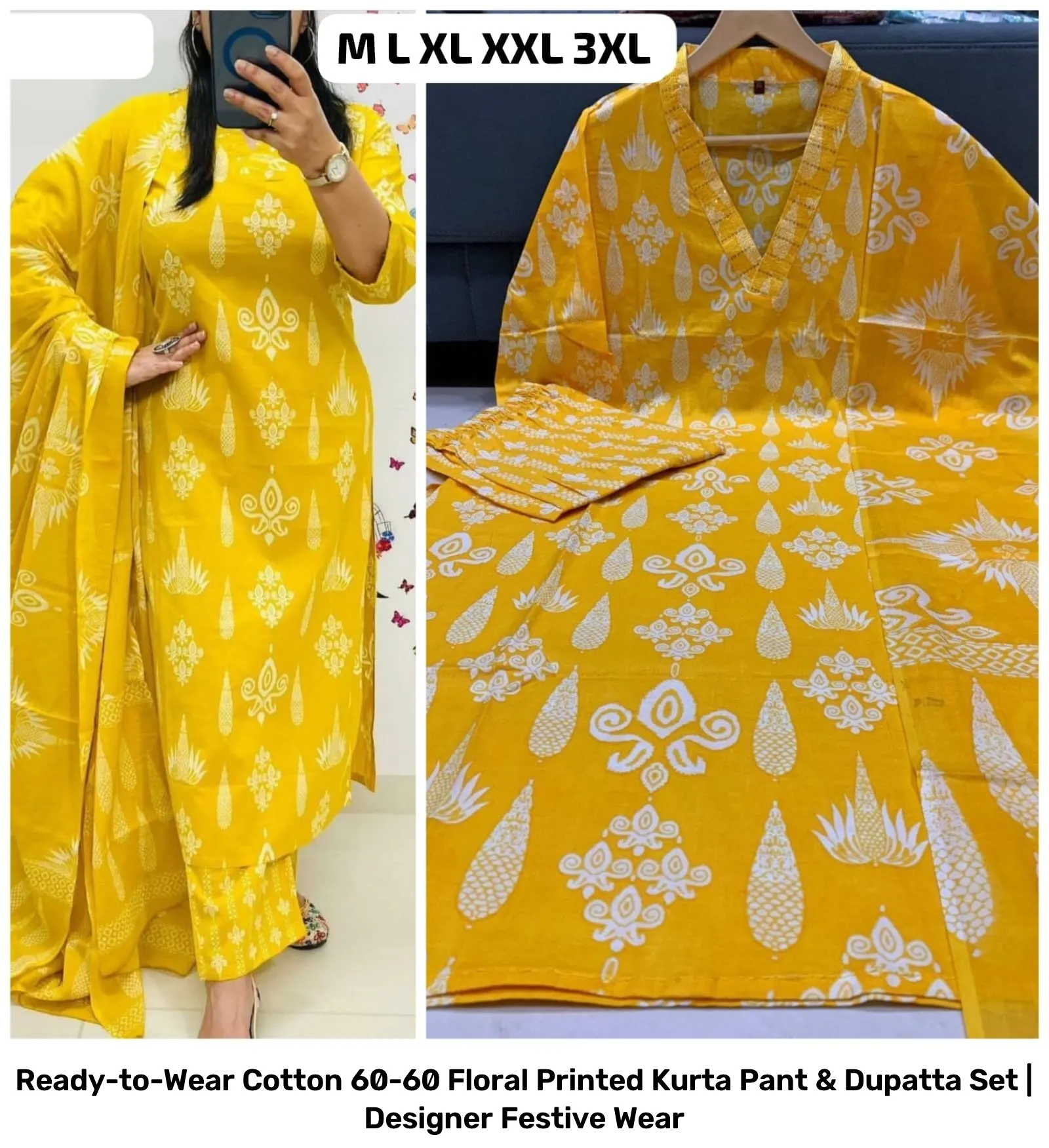 Ready-to-Wear Cotton 60-60 Floral Printed Kurta Pant & Dupatta Set | Designer Festive Wear 25