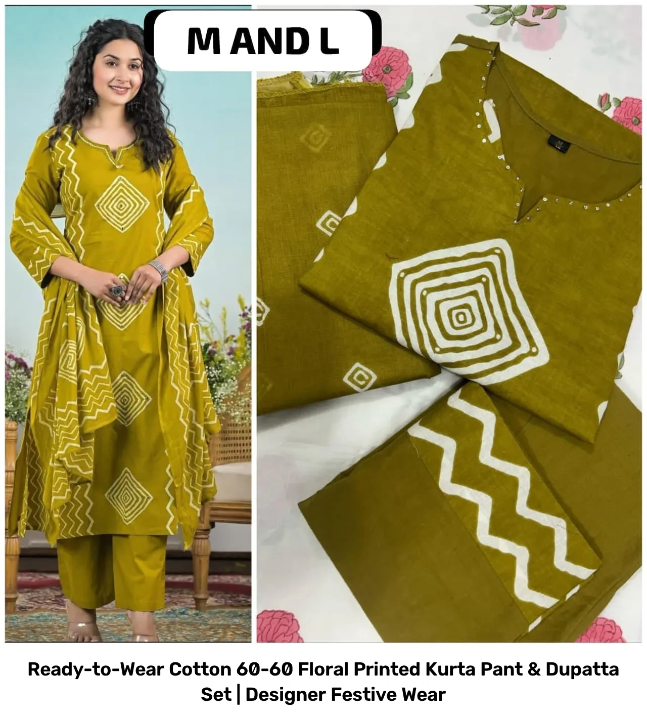 Ready-to-Wear Cotton 60-60 Floral Printed Kurta Pant & Dupatta Set | Designer Festive Wear 3