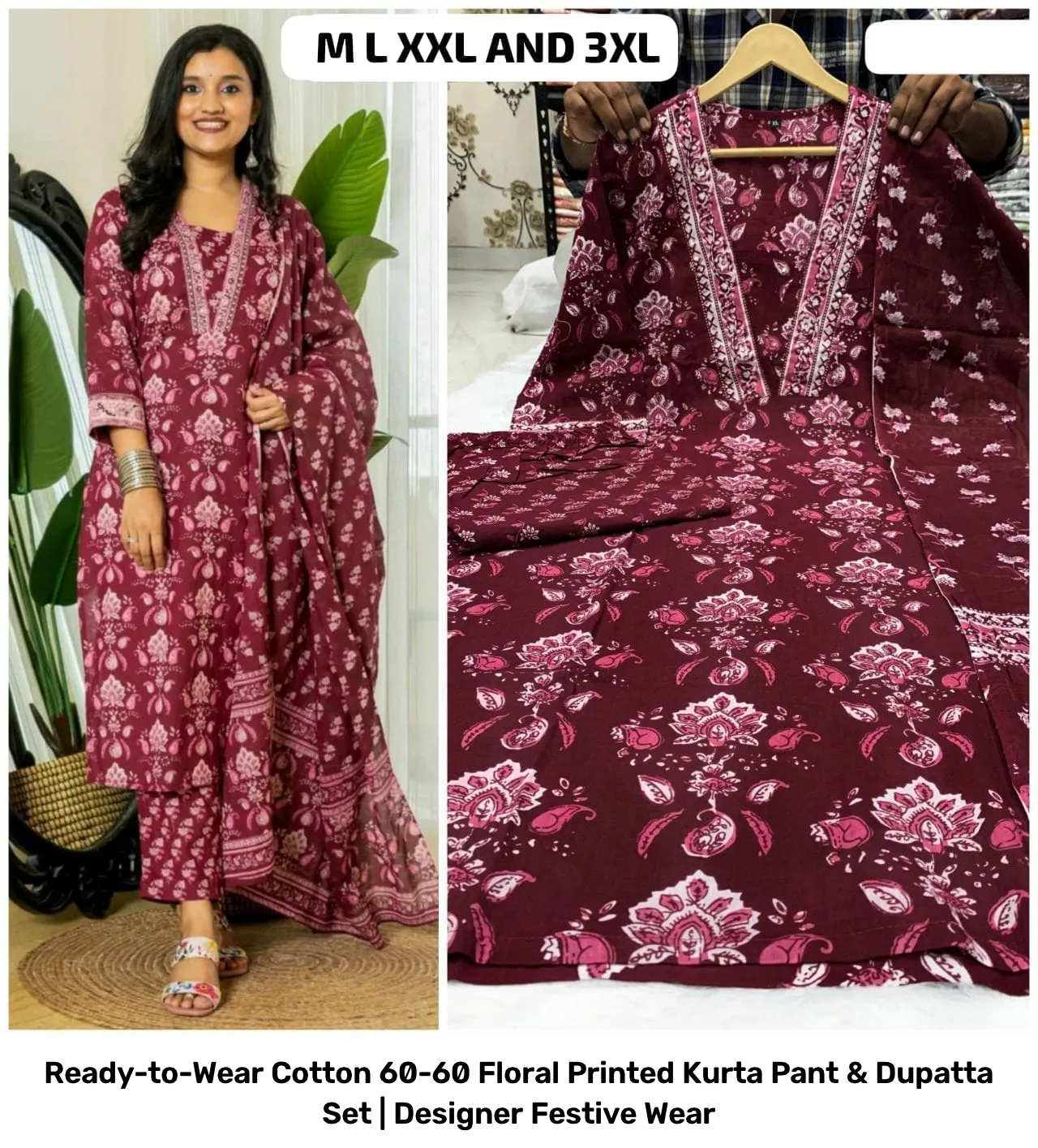 Ready-to-Wear Cotton 60-60 Floral Printed Kurta Pant & Dupatta Set | Designer Festive Wear 30