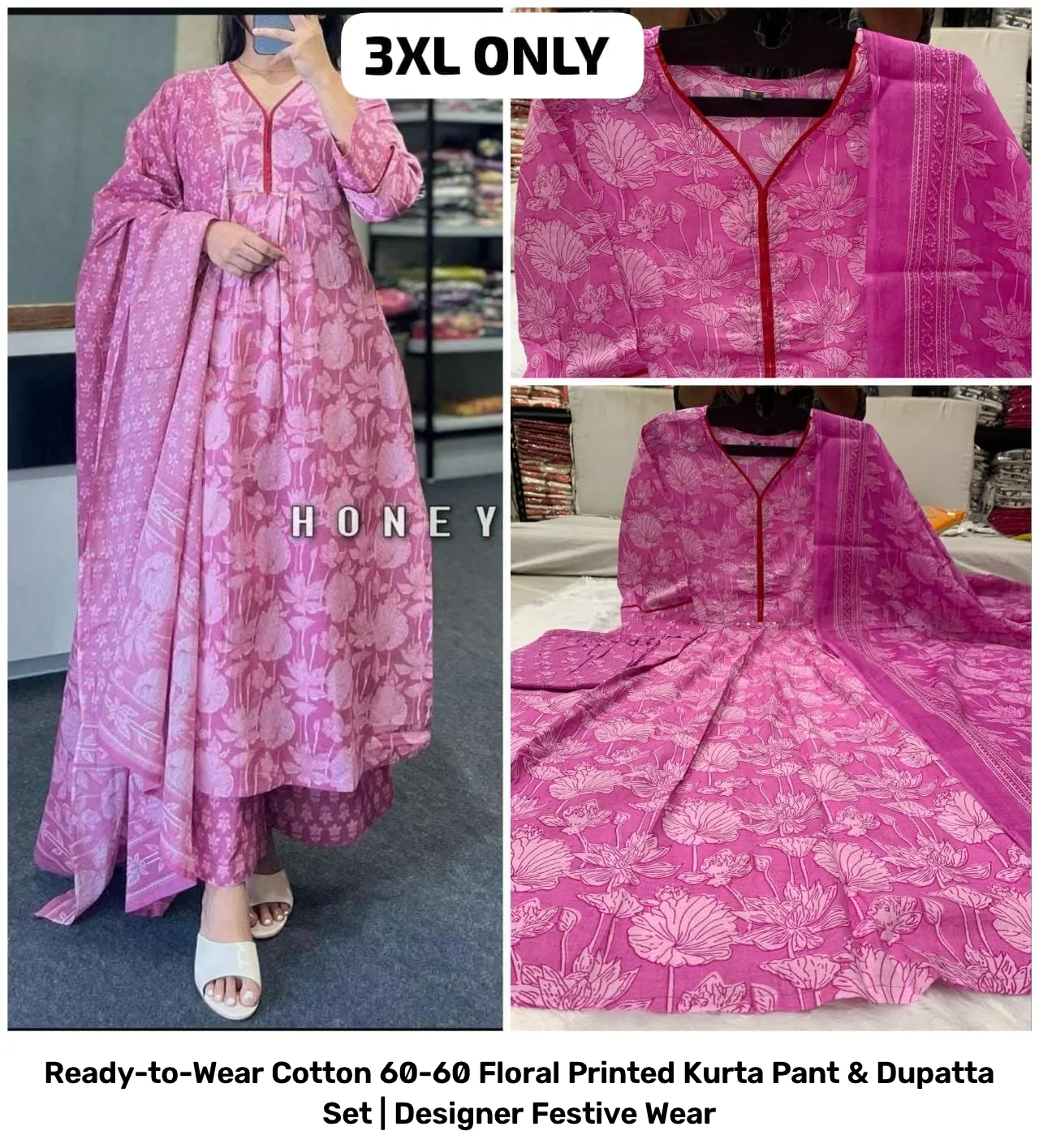 Ready-to-Wear Cotton 60-60 Floral Printed Kurta Pant & Dupatta Set | Designer Festive Wear 34