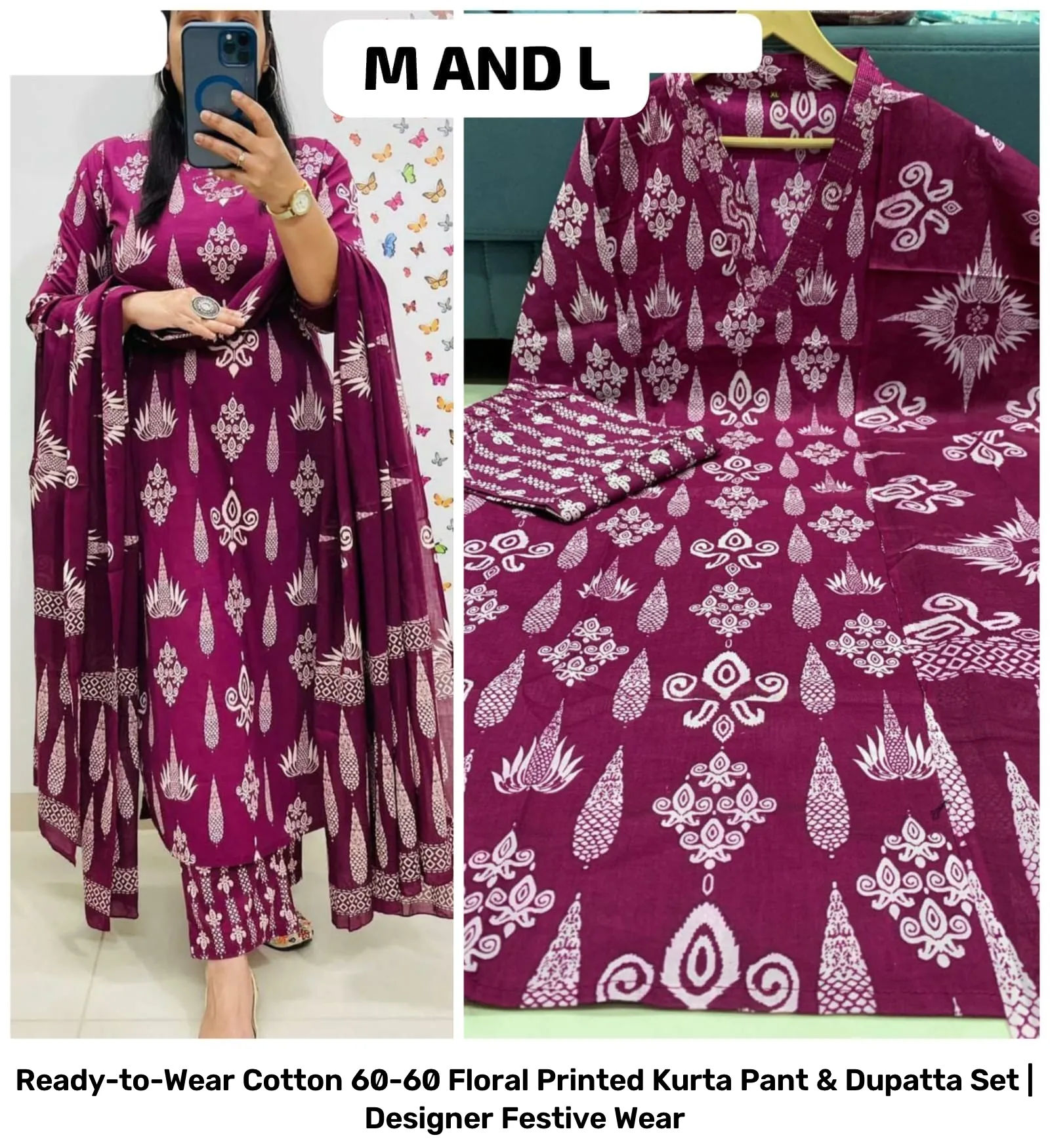 Ready-to-Wear Cotton 60-60 Floral Printed Kurta Pant & Dupatta Set | Designer Festive Wear 35
