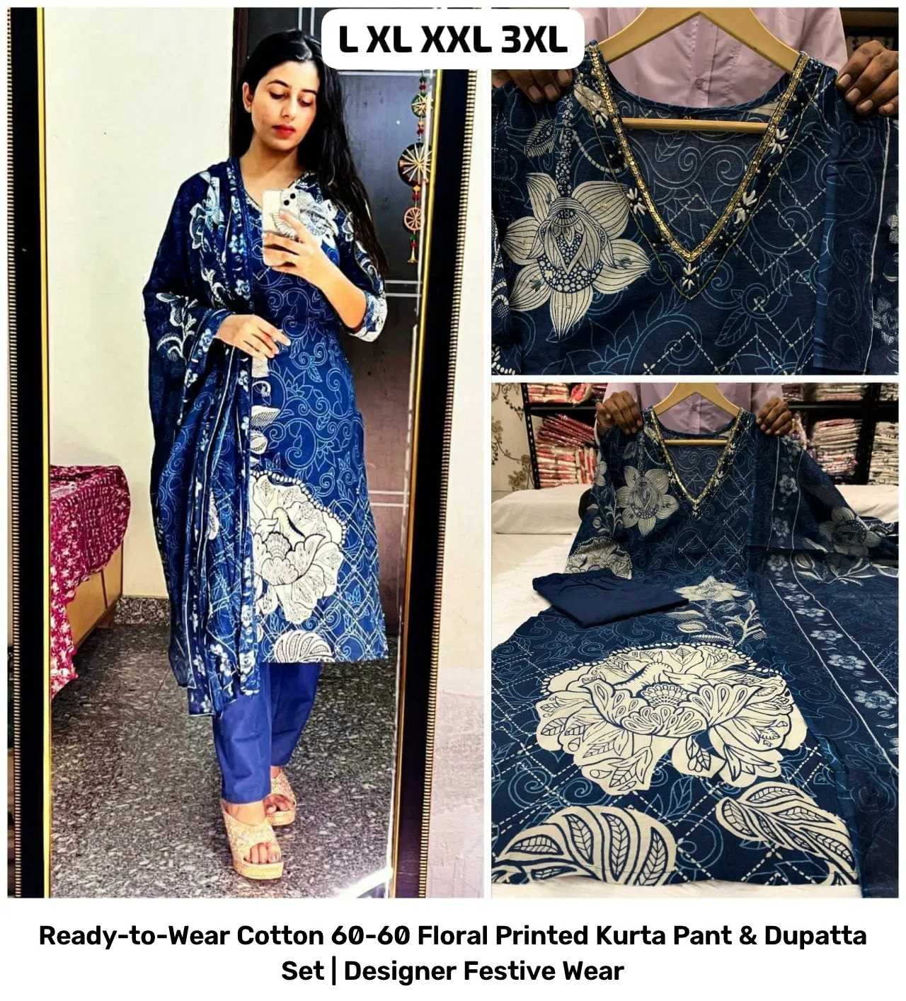 Ready-to-Wear Cotton 60-60 Floral Printed Kurta Pant & Dupatta Set | Designer Festive Wear 36