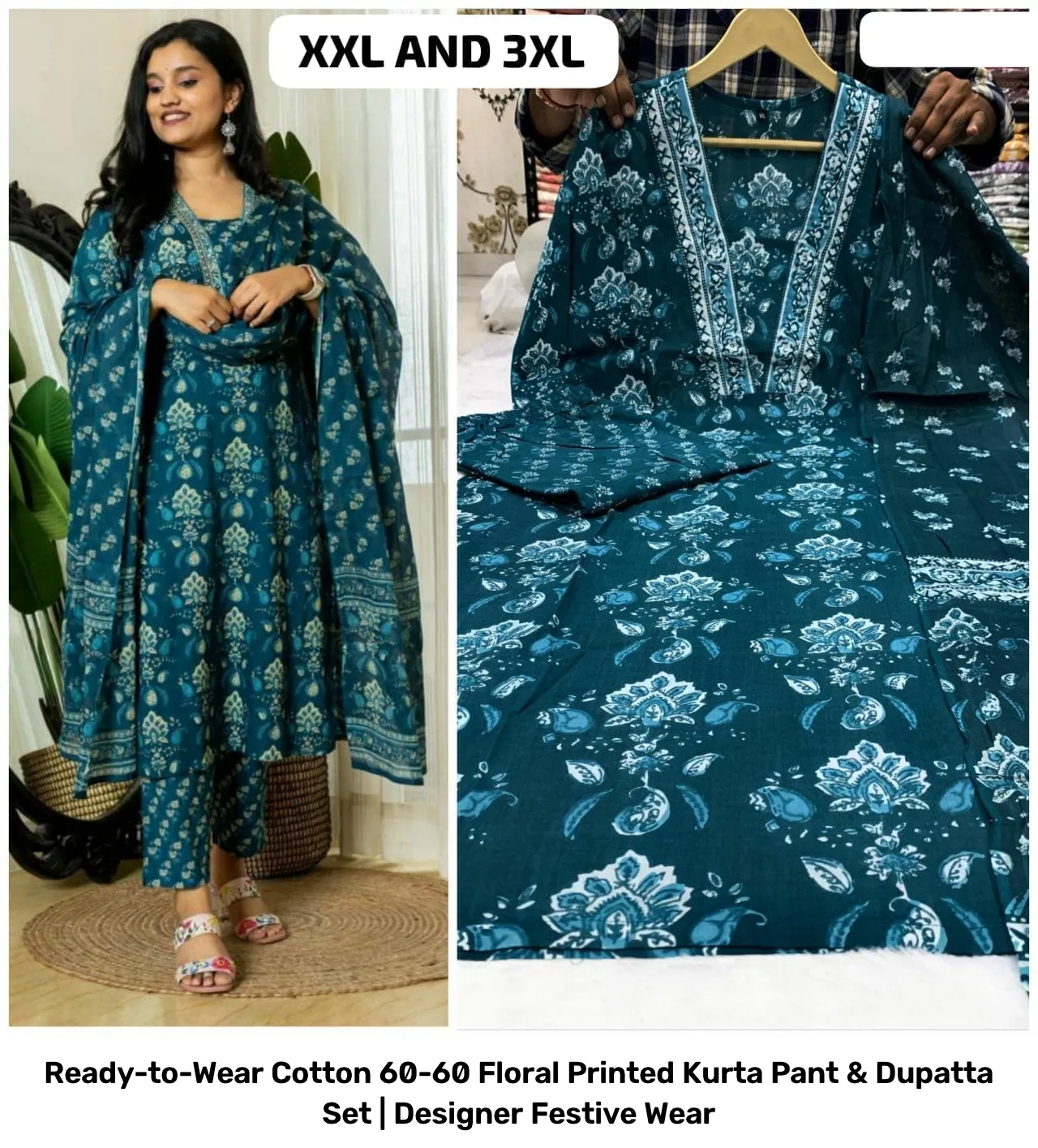 Ready-to-Wear Cotton 60-60 Floral Printed Kurta Pant & Dupatta Set | Designer Festive Wear 8