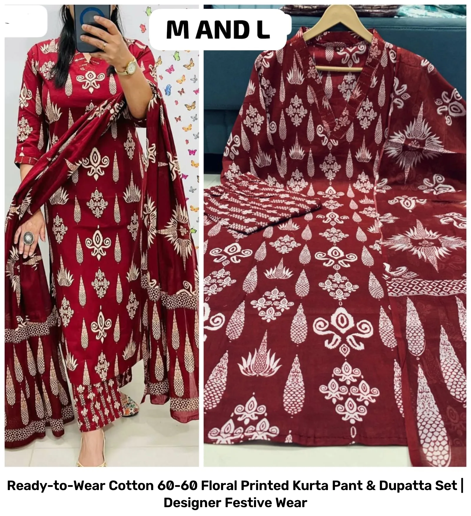 Ready-to-Wear Cotton 60-60 Floral Printed Kurta Pant & Dupatta Set | Designer Festive Wear 9