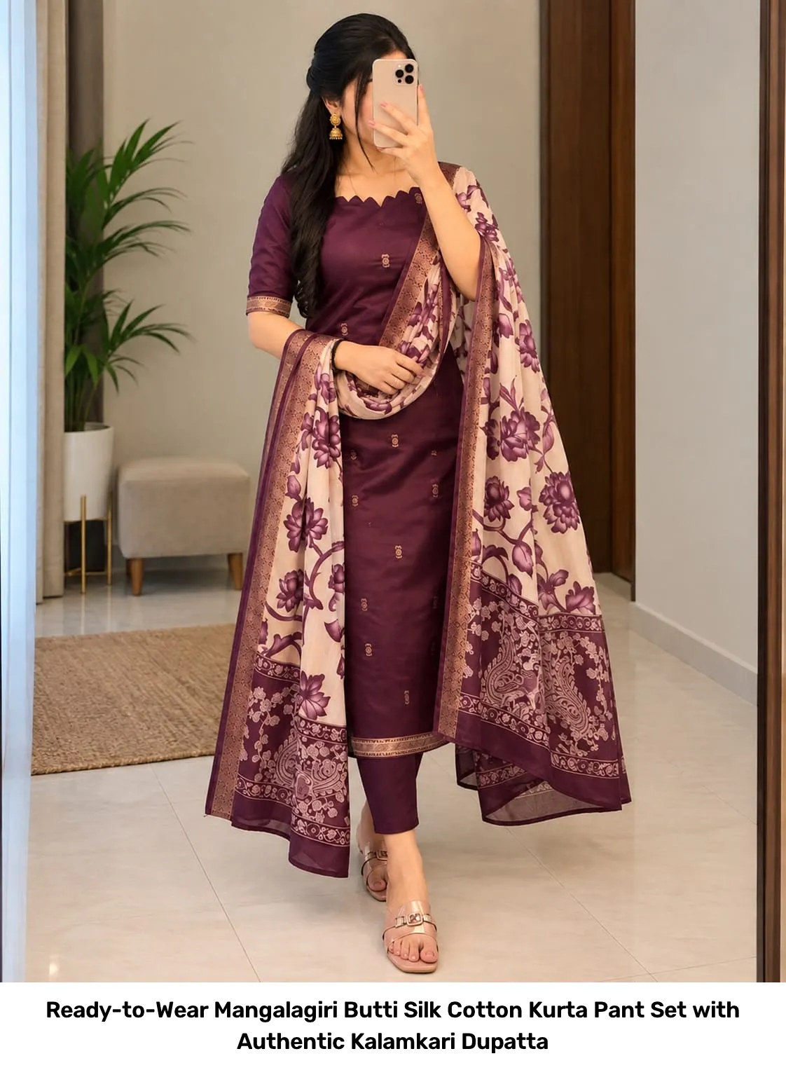 Ready-to-Wear Mangalagiri Butti Silk Cotton Kurta Pant Set with Authentic Kalamkari Dupatta 10