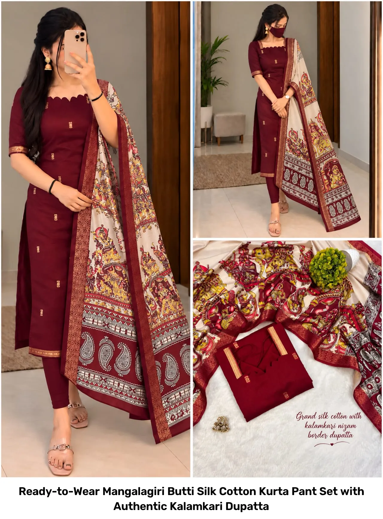Ready-to-Wear Mangalagiri Butti Silk Cotton Kurta Pant Set with Authentic Kalamkari Dupatta 11