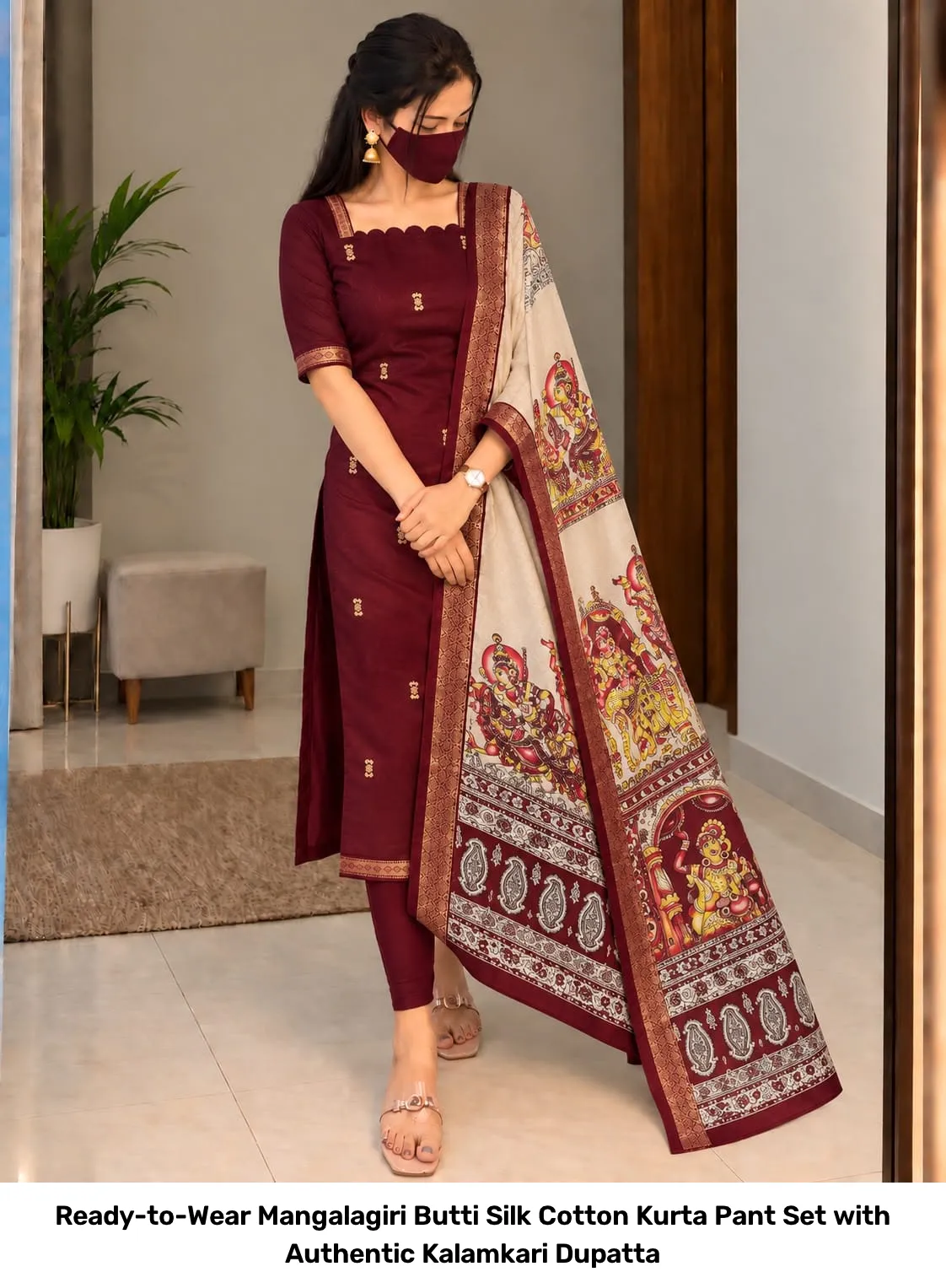 Ready-to-Wear Mangalagiri Butti Silk Cotton Kurta Pant Set with Authentic Kalamkari Dupatta 12