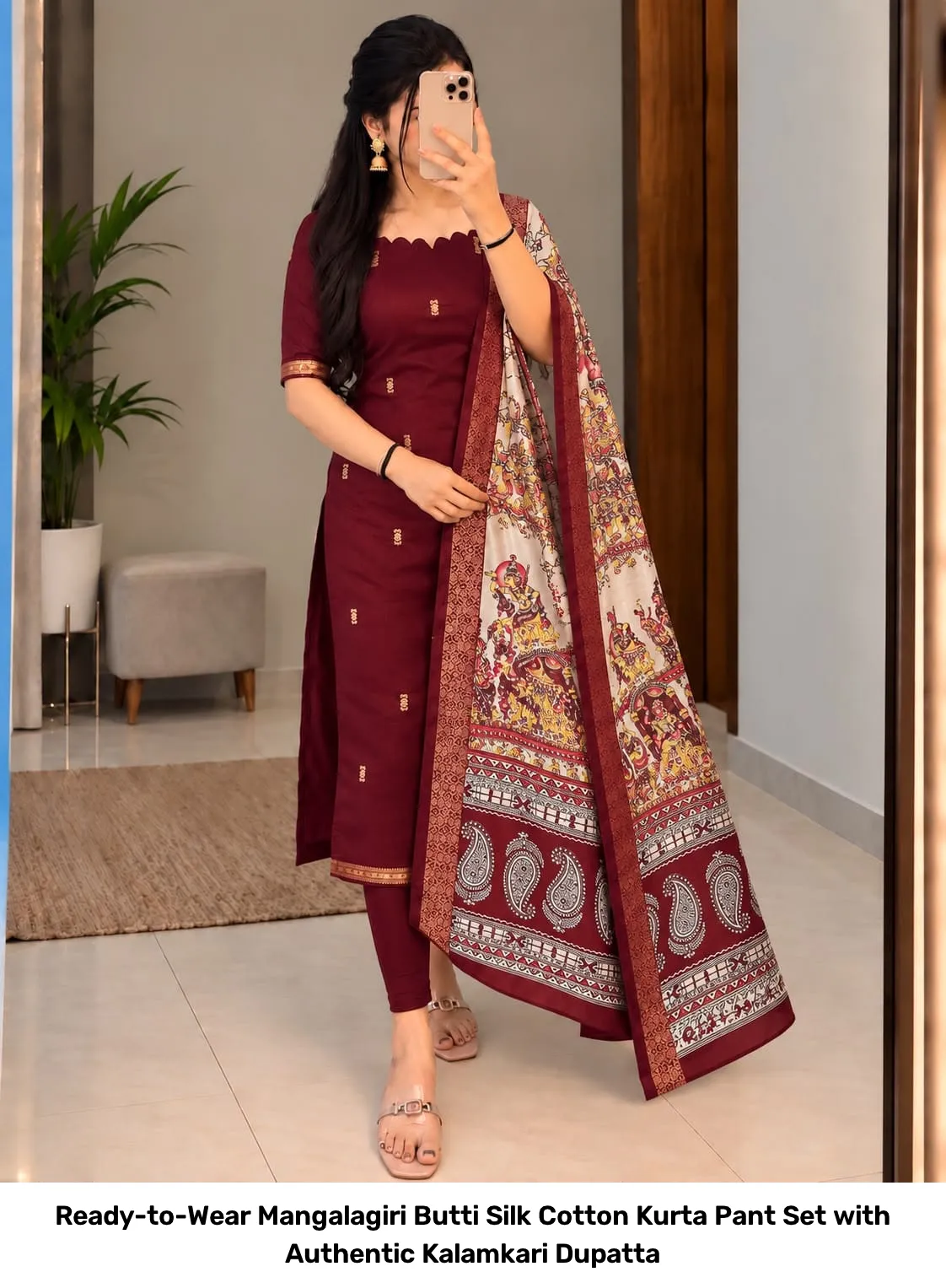 Ready-to-Wear Mangalagiri Butti Silk Cotton Kurta Pant Set with Authentic Kalamkari Dupatta 13