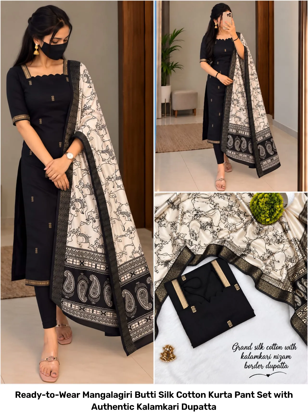 Ready-to-Wear Mangalagiri Butti Silk Cotton Kurta Pant Set with Authentic Kalamkari Dupatta 14