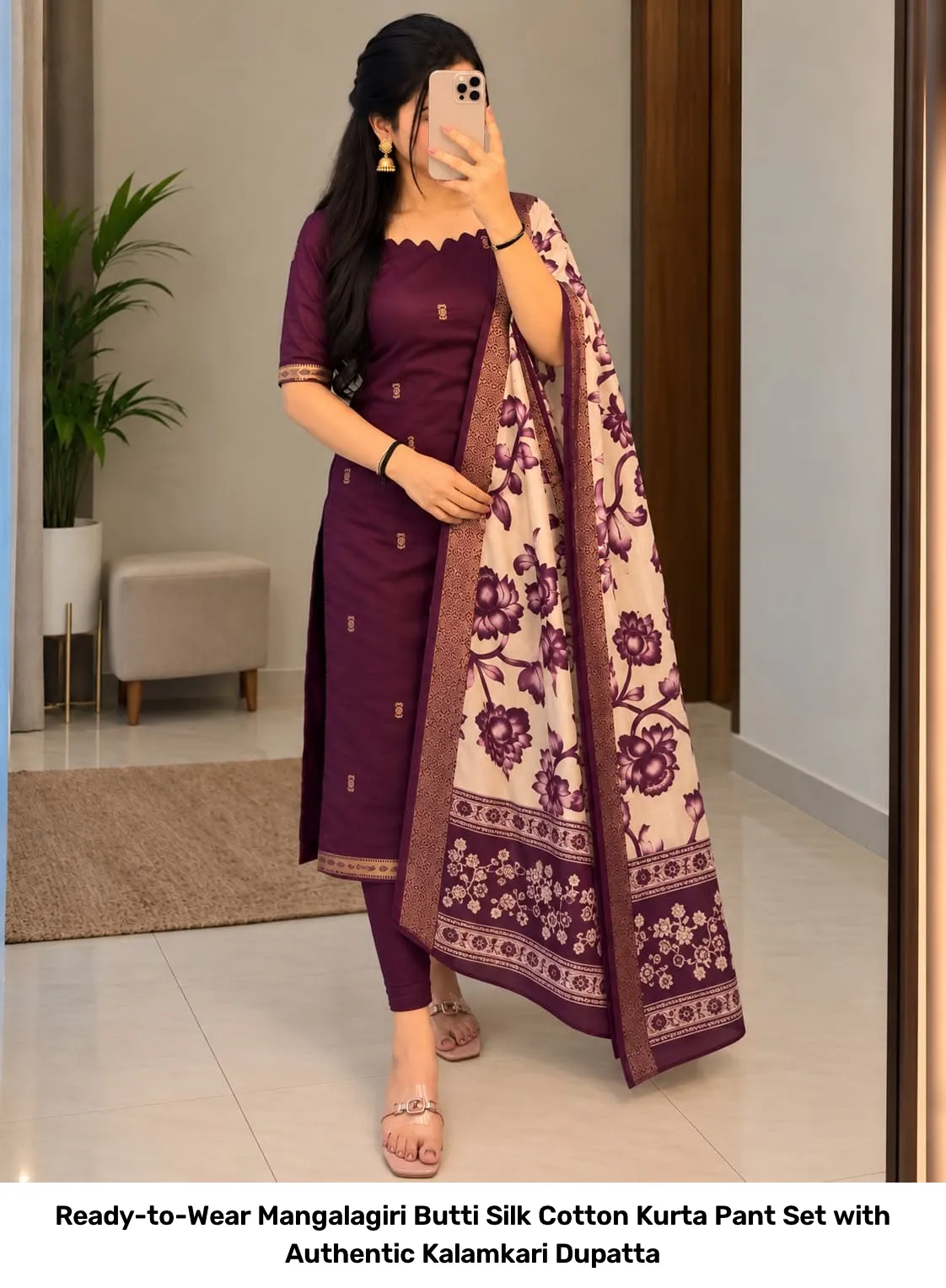 Ready-to-Wear Mangalagiri Butti Silk Cotton Kurta Pant Set with Authentic Kalamkari Dupatta 15