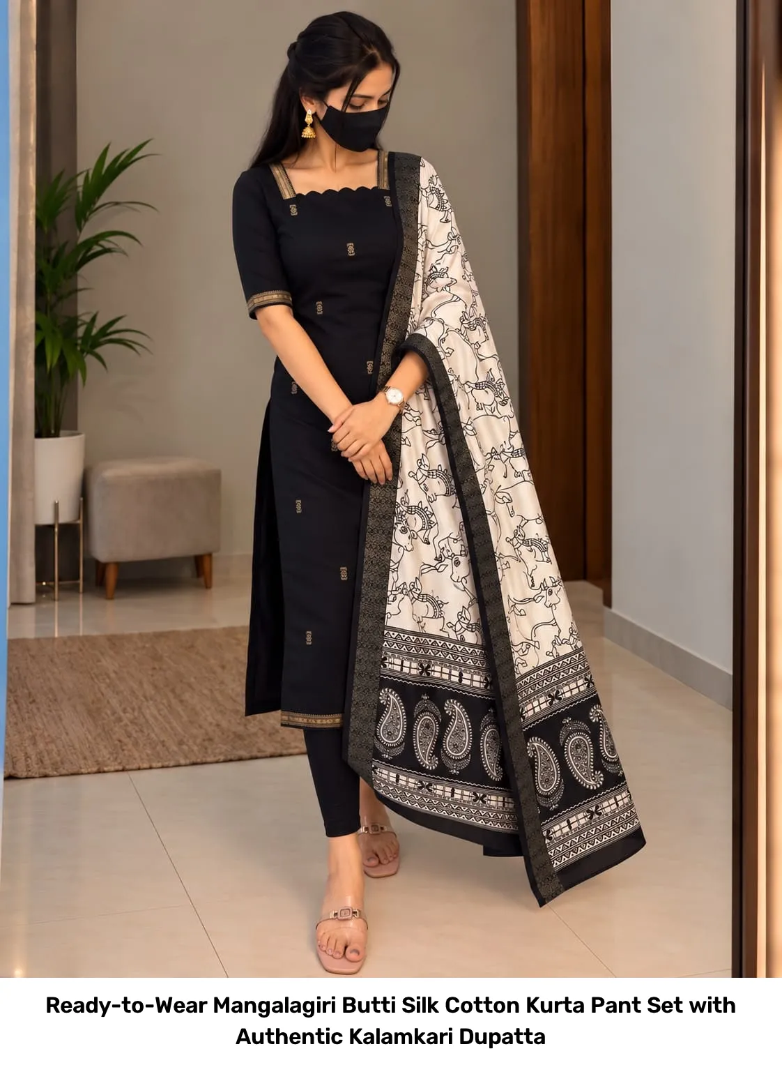 Ready-to-Wear Mangalagiri Butti Silk Cotton Kurta Pant Set with Authentic Kalamkari Dupatta 16