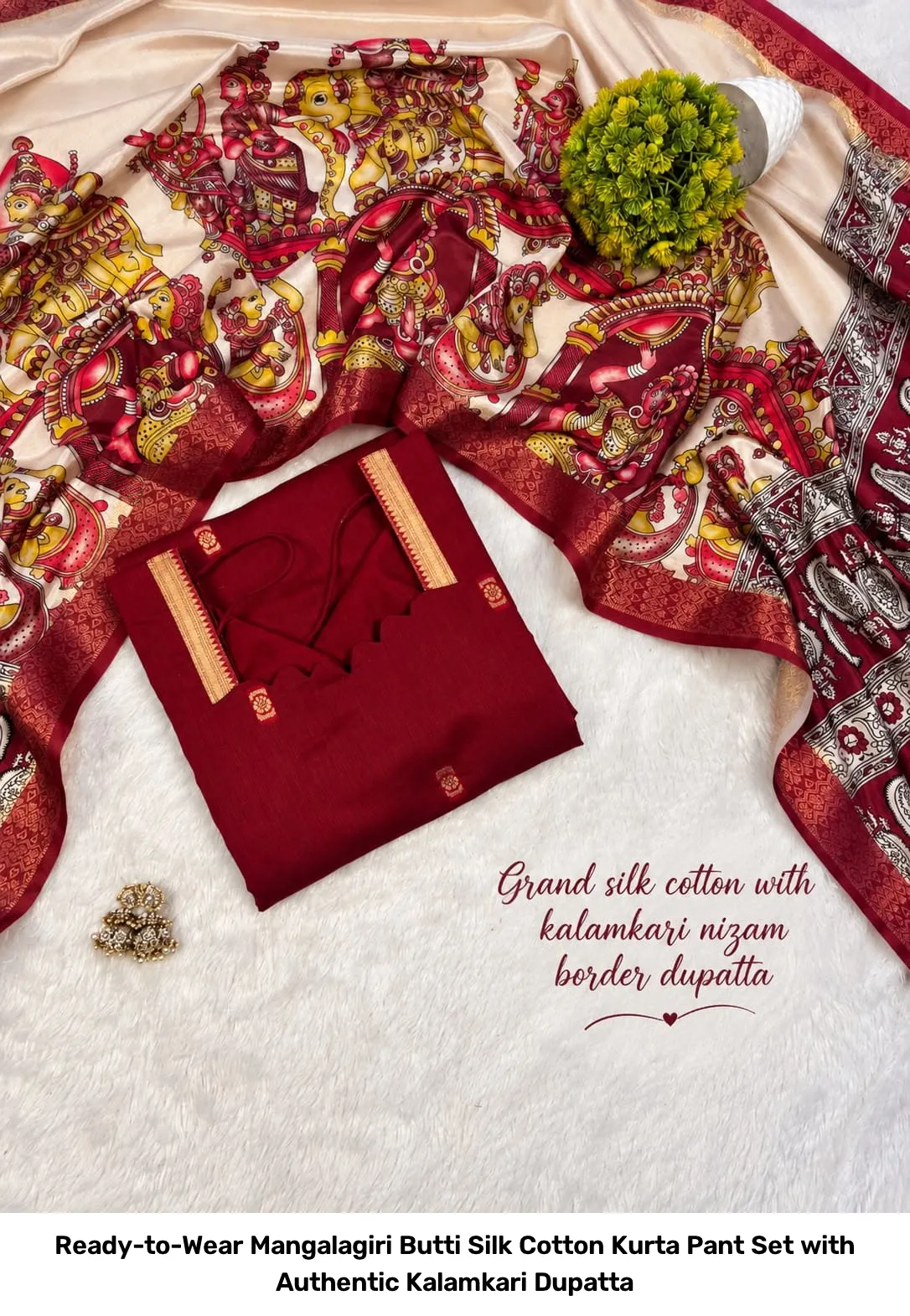 Ready-to-Wear Mangalagiri Butti Silk Cotton Kurta Pant Set with Authentic Kalamkari Dupatta 18