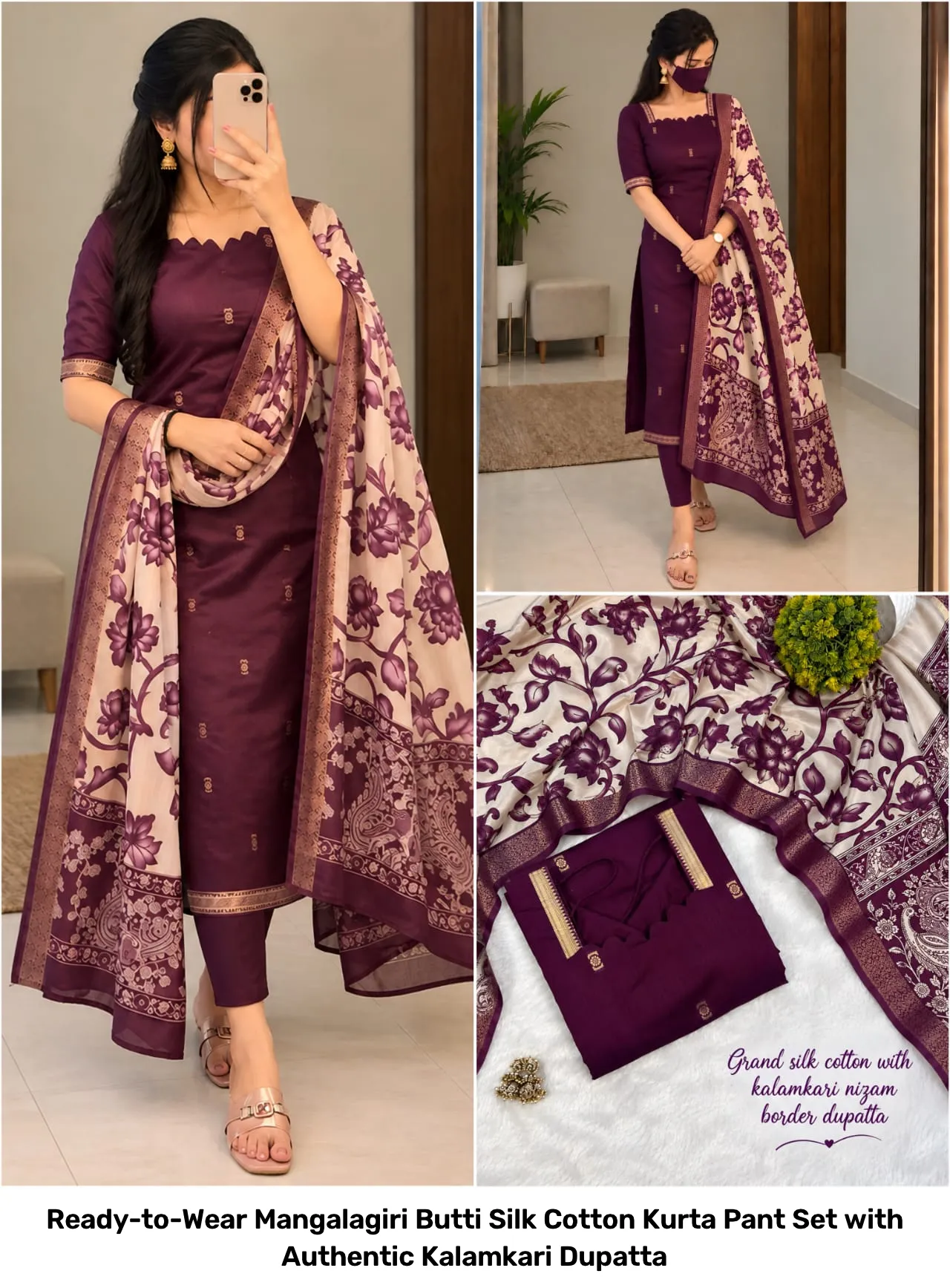 Ready-to-Wear Mangalagiri Butti Silk Cotton Kurta Pant Set with Authentic Kalamkari Dupatta 2
