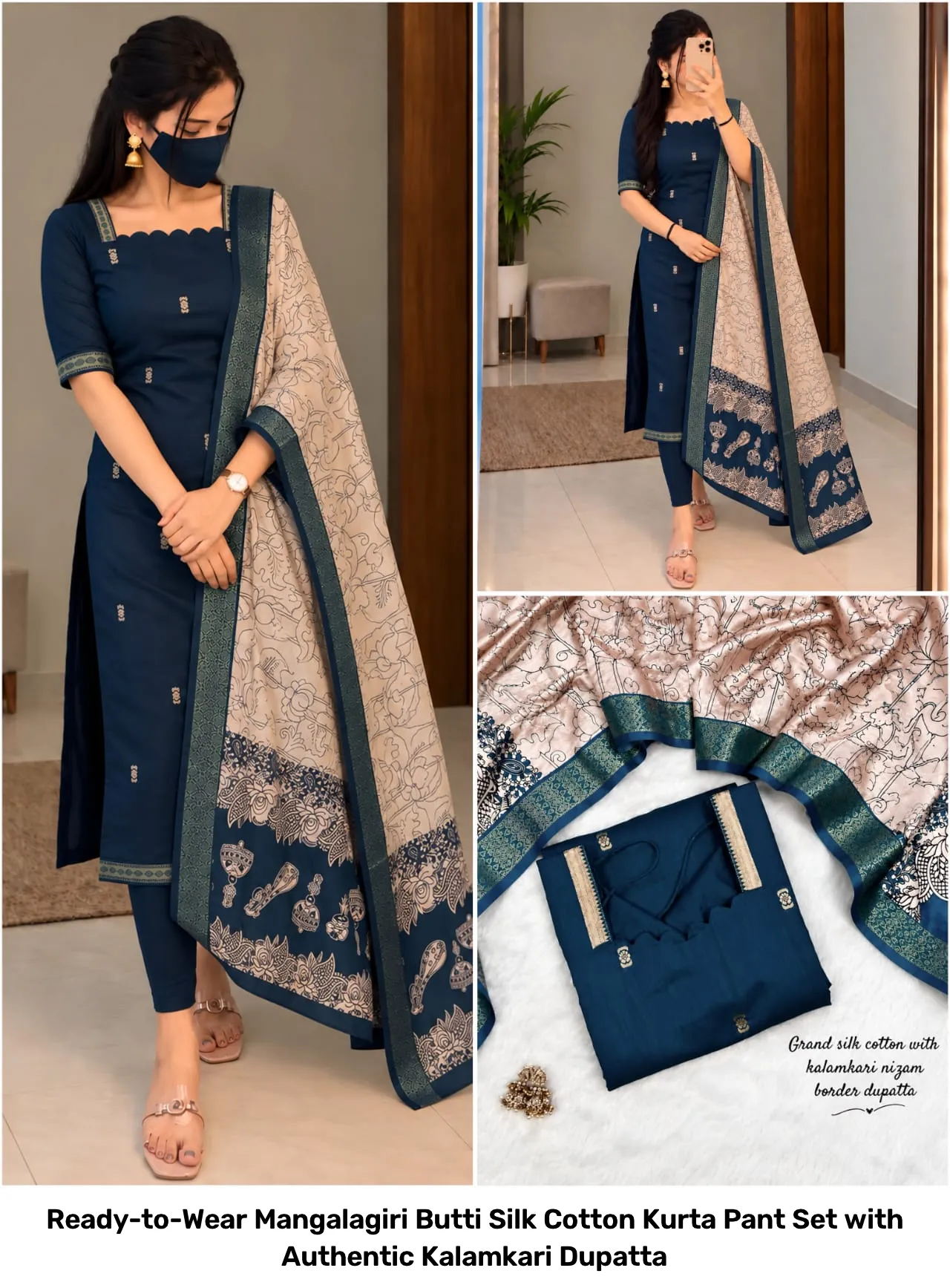Ready-to-Wear Mangalagiri Butti Silk Cotton Kurta Pant Set with Authentic Kalamkari Dupatta 3