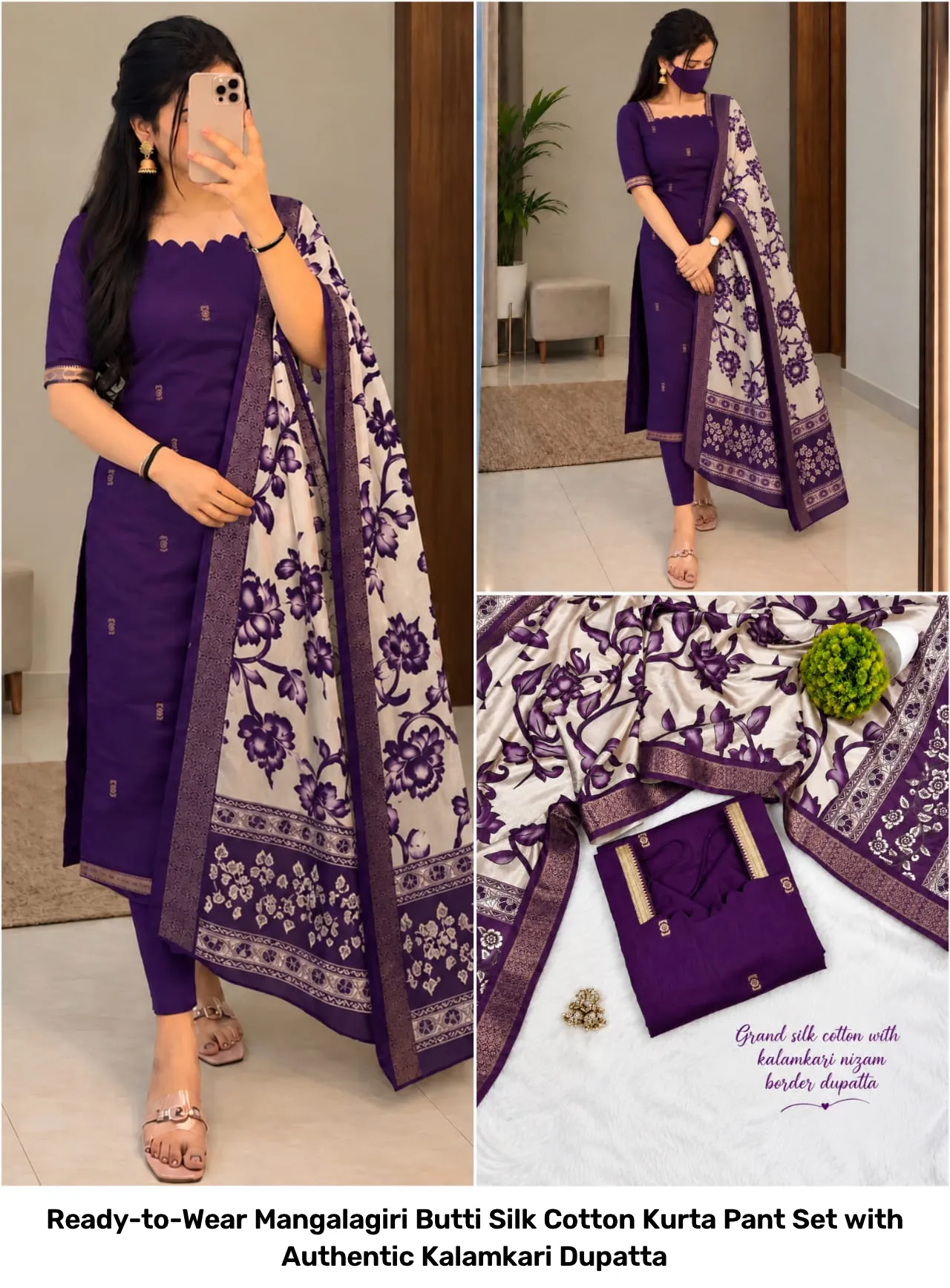 Ready-to-Wear Mangalagiri Butti Silk Cotton Kurta Pant Set with Authentic Kalamkari Dupatta 4