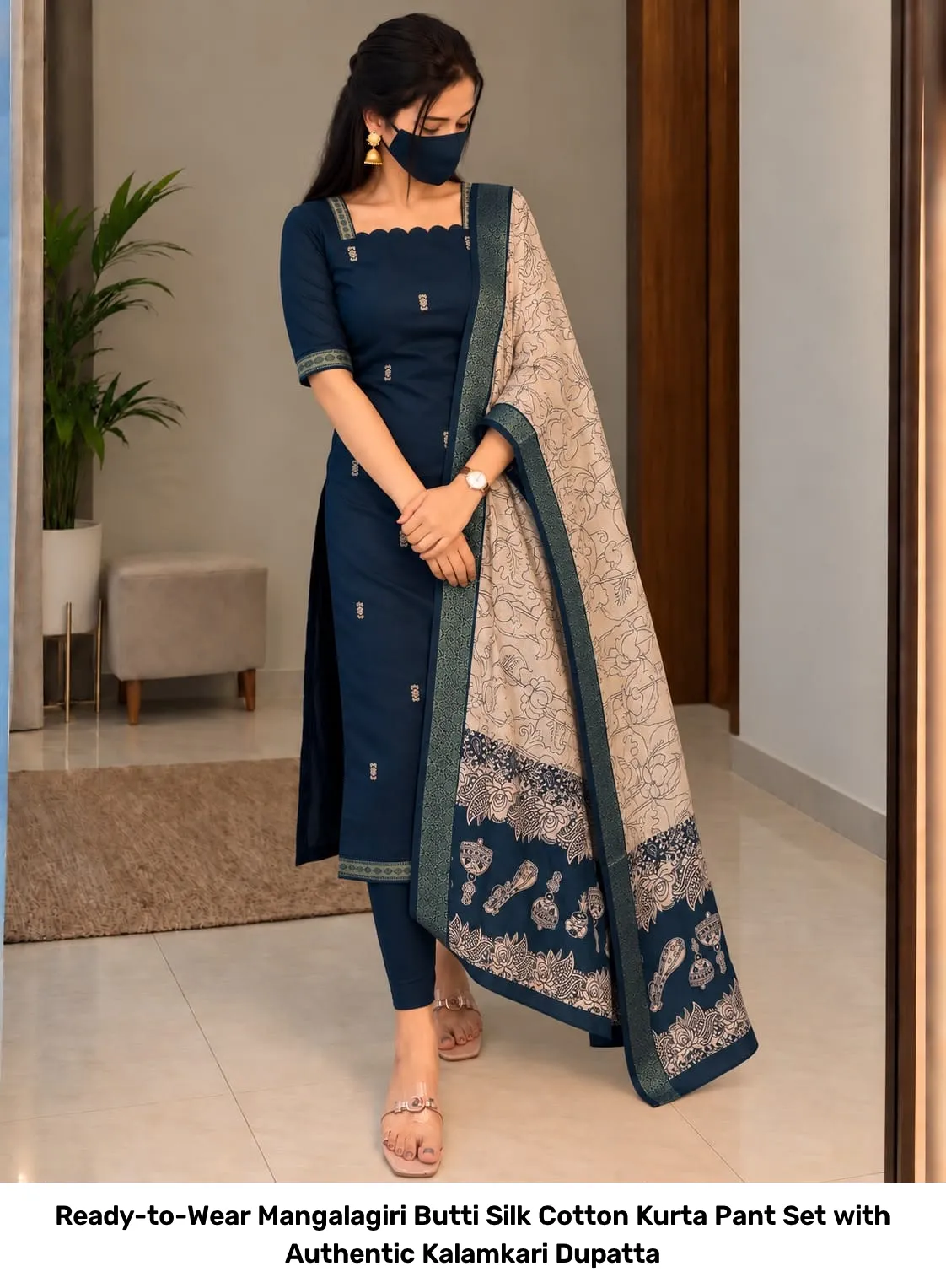 Ready-to-Wear Mangalagiri Butti Silk Cotton Kurta Pant Set with Authentic Kalamkari Dupatta 5
