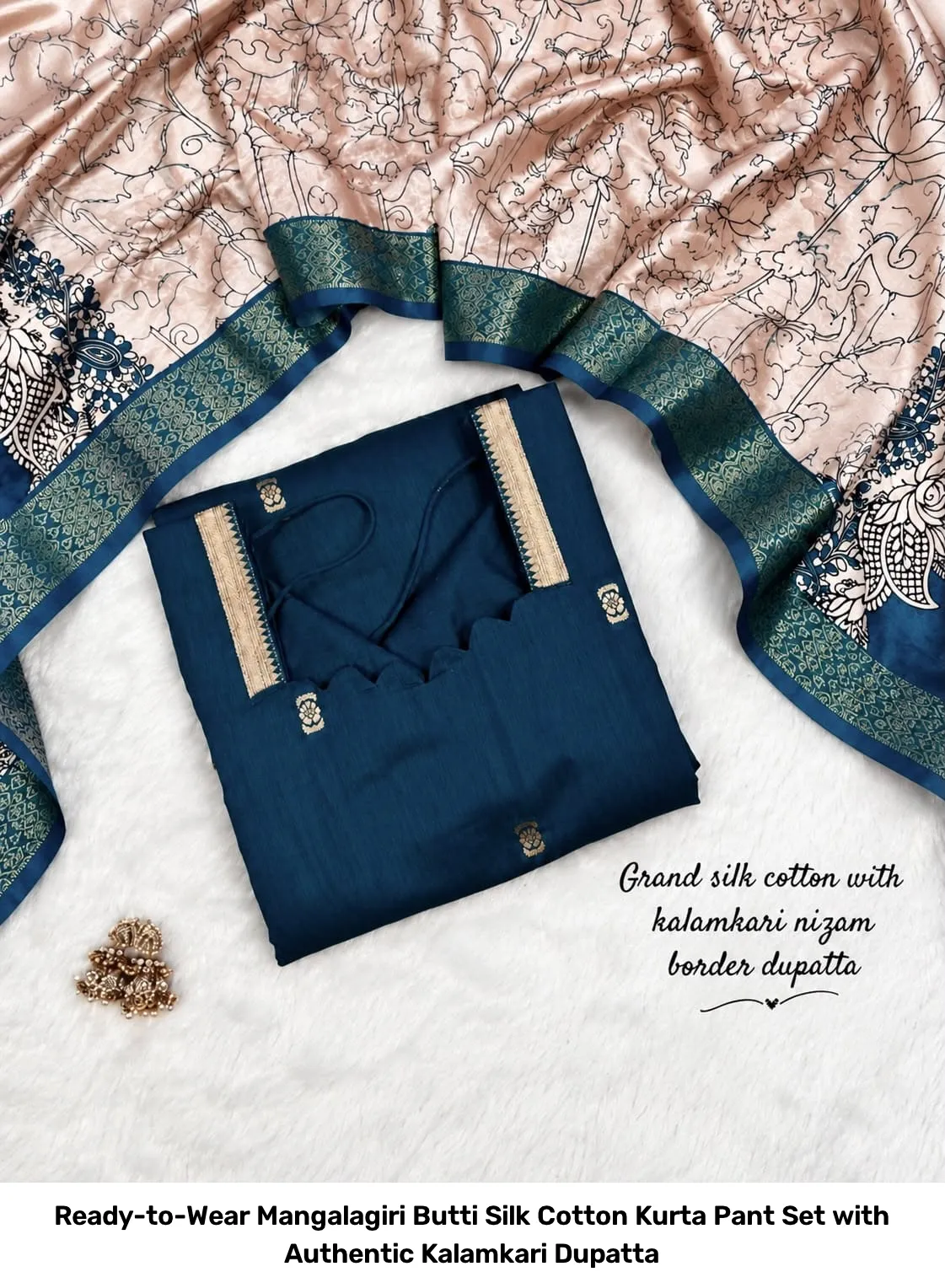 Ready-to-Wear Mangalagiri Butti Silk Cotton Kurta Pant Set with Authentic Kalamkari Dupatta 6