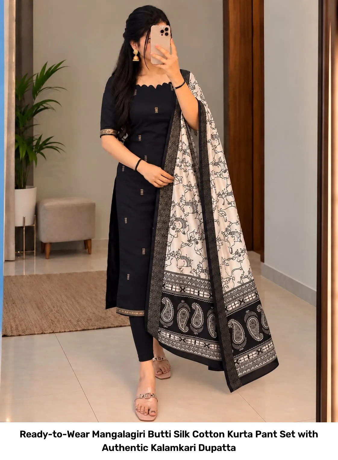 Ready-to-Wear Mangalagiri Butti Silk Cotton Kurta Pant Set with Authentic Kalamkari Dupatta 7