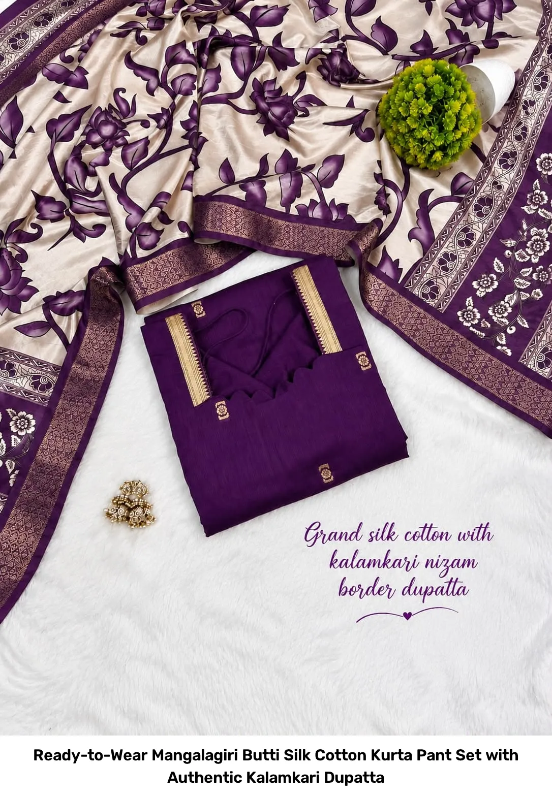 Ready-to-Wear Mangalagiri Butti Silk Cotton Kurta Pant Set with Authentic Kalamkari Dupatta 8