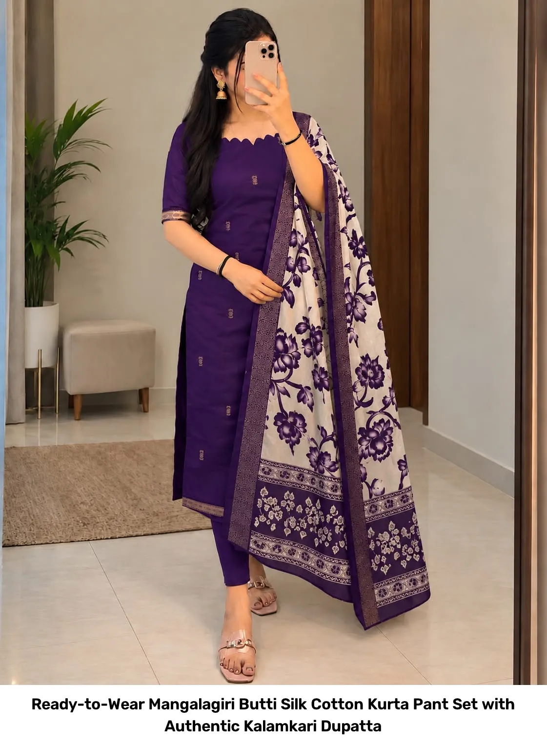 Ready-to-Wear Mangalagiri Butti Silk Cotton Kurta Pant Set with Authentic Kalamkari Dupatta 9