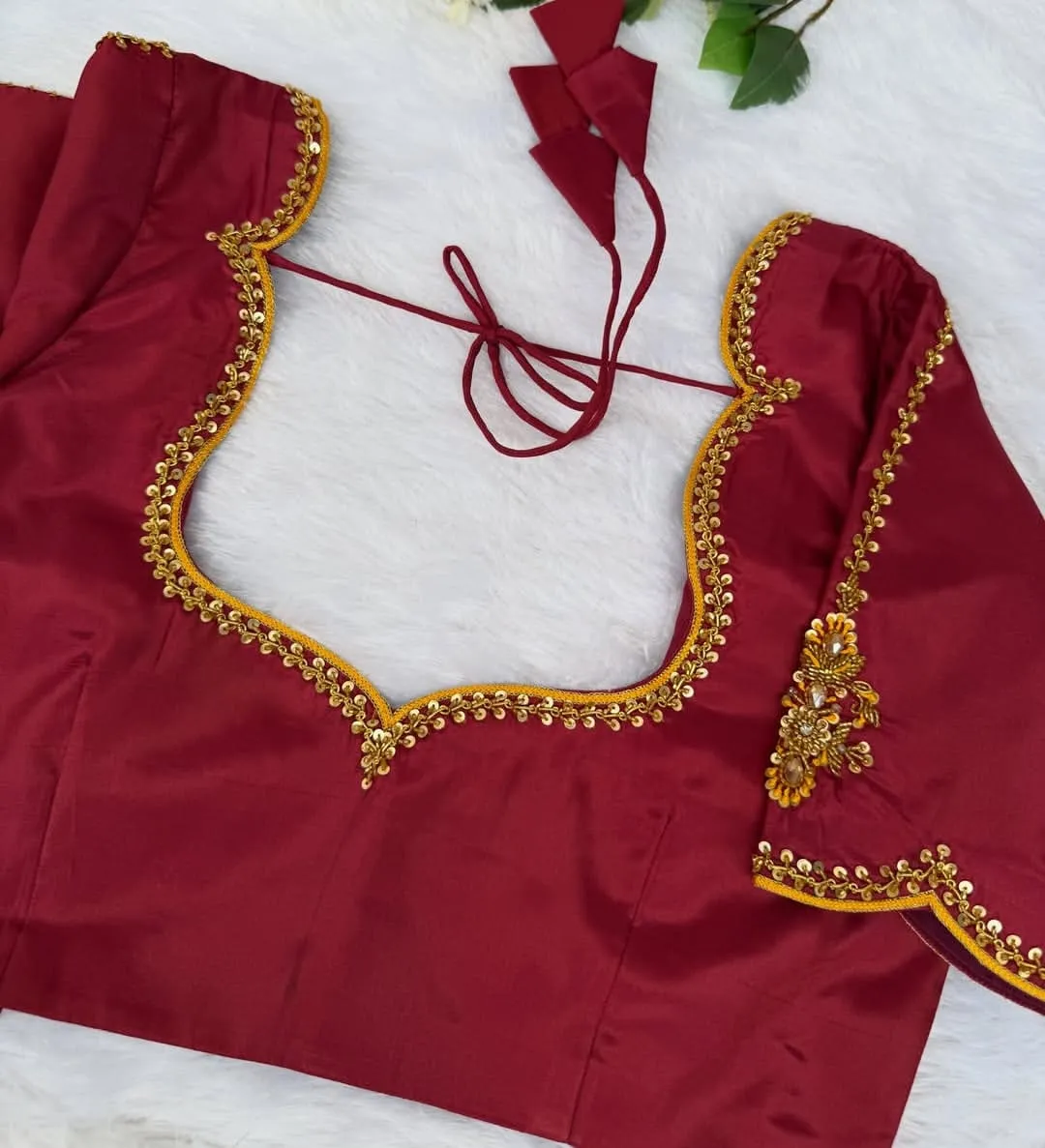 Readymade Bridal Blouse with Aari Maggam Work | Gold Scallop Sweetheart Back Neck & Dori Tassels Padded Saree Blouse