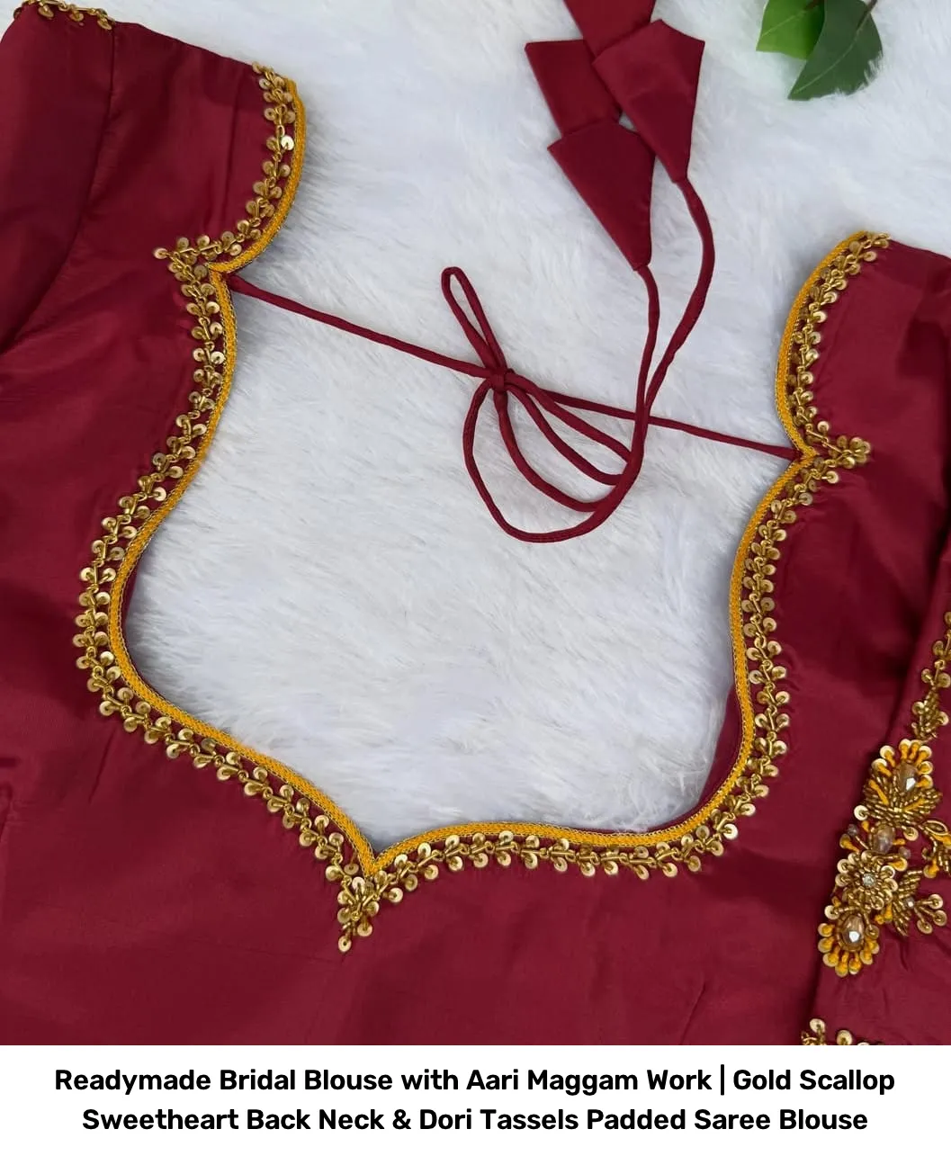 Readymade Bridal Blouse with Aari Maggam Work | Gold Scallop Sweetheart Back Neck & Dori Tassels Padded Saree Blouse 3