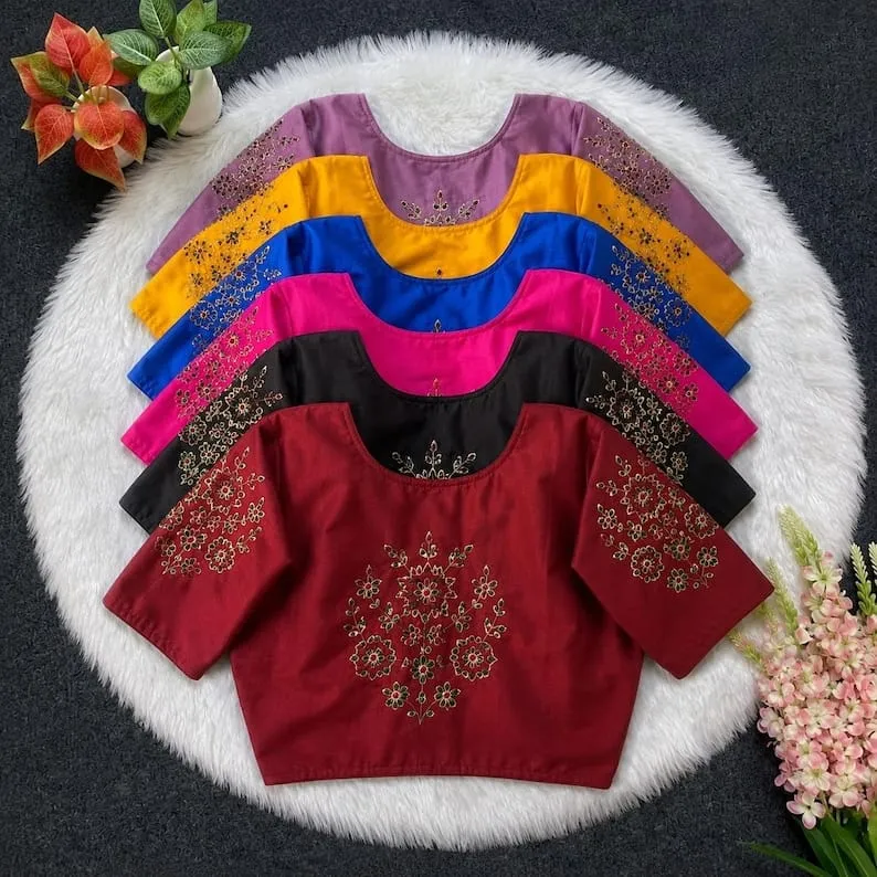 Readymade Raw Silk Saree Blouses Wholesale | Aari Maggam Work Floral Bunch Back & Sleeve Embroidery