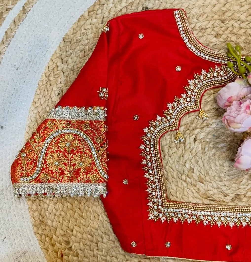 Red Aari Work Readymade Blouse with Brocade Sleeves & Pearl Latkan – Wedding Designer Saree Blouse