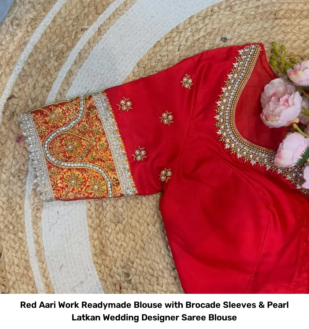 Red Aari Work Readymade Blouse with Brocade Sleeves & Pearl Latkan – Wedding Designer Saree Blouse 2