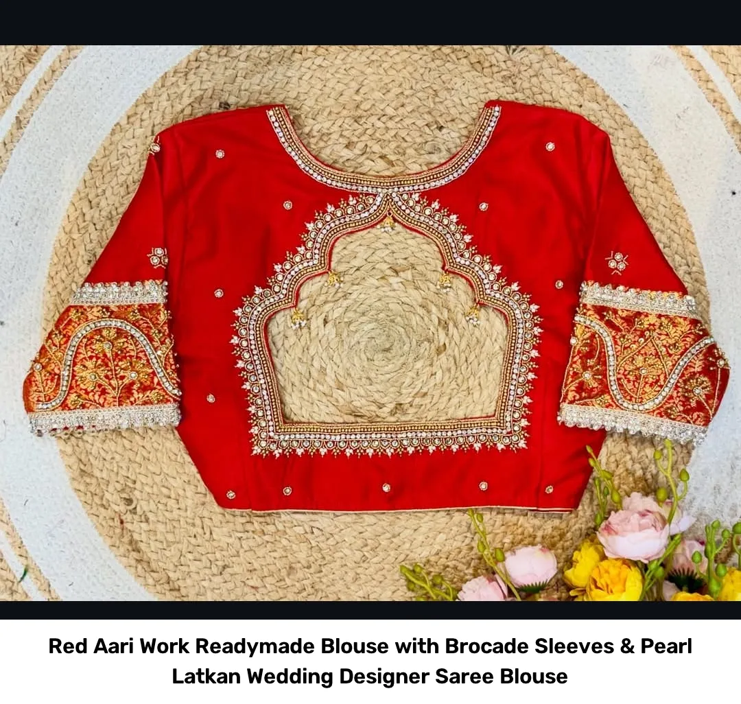 Red Aari Work Readymade Blouse with Brocade Sleeves & Pearl Latkan – Wedding Designer Saree Blouse 3