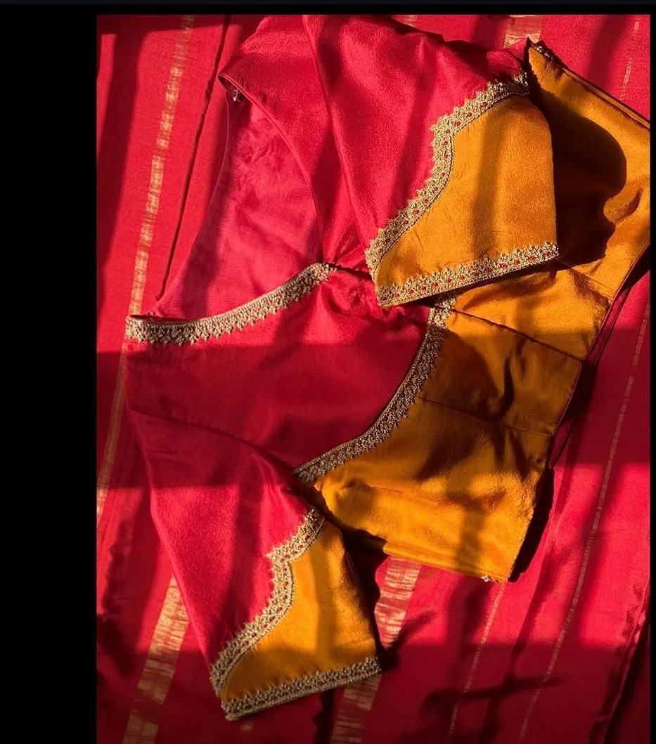 Red and Mustard Yellow Silk Blouse with Scallop Border Aari Work