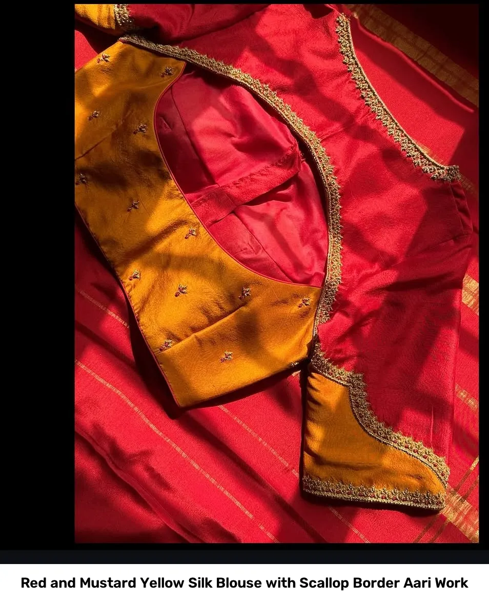 Red and Mustard Yellow Silk Blouse with Scallop Border Aari Work 2