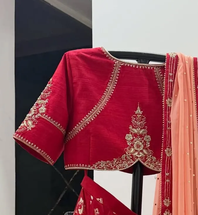 Red Boat Neck Silk Blouse with Gold Panel Maggam Work