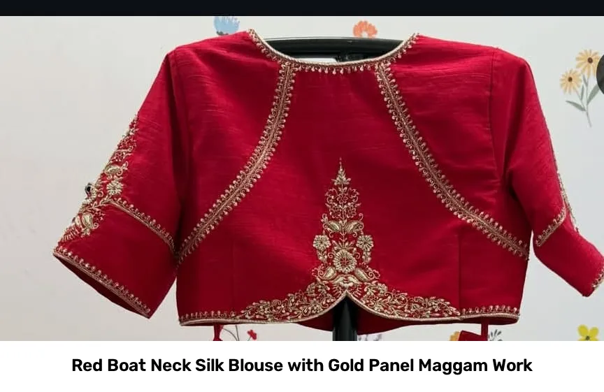 Red Boat Neck Silk Blouse with Gold Panel Maggam Work 2