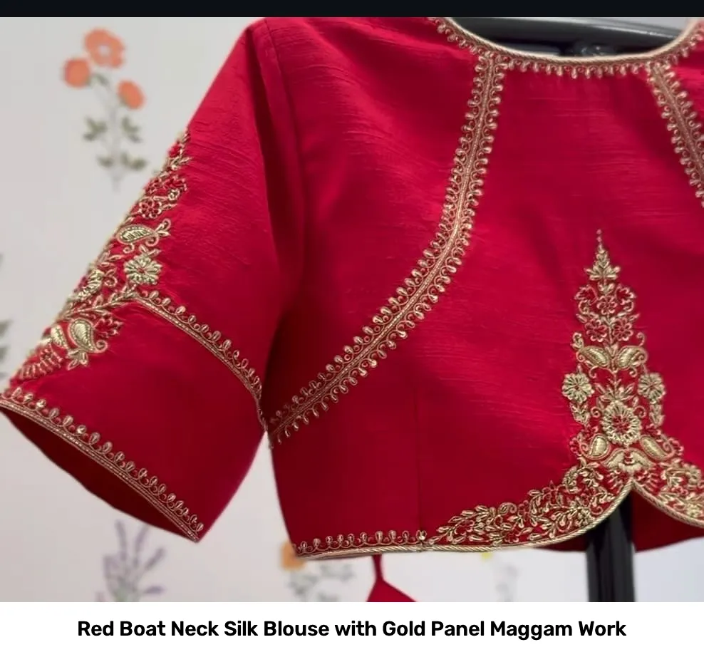Red Boat Neck Silk Blouse with Gold Panel Maggam Work 3