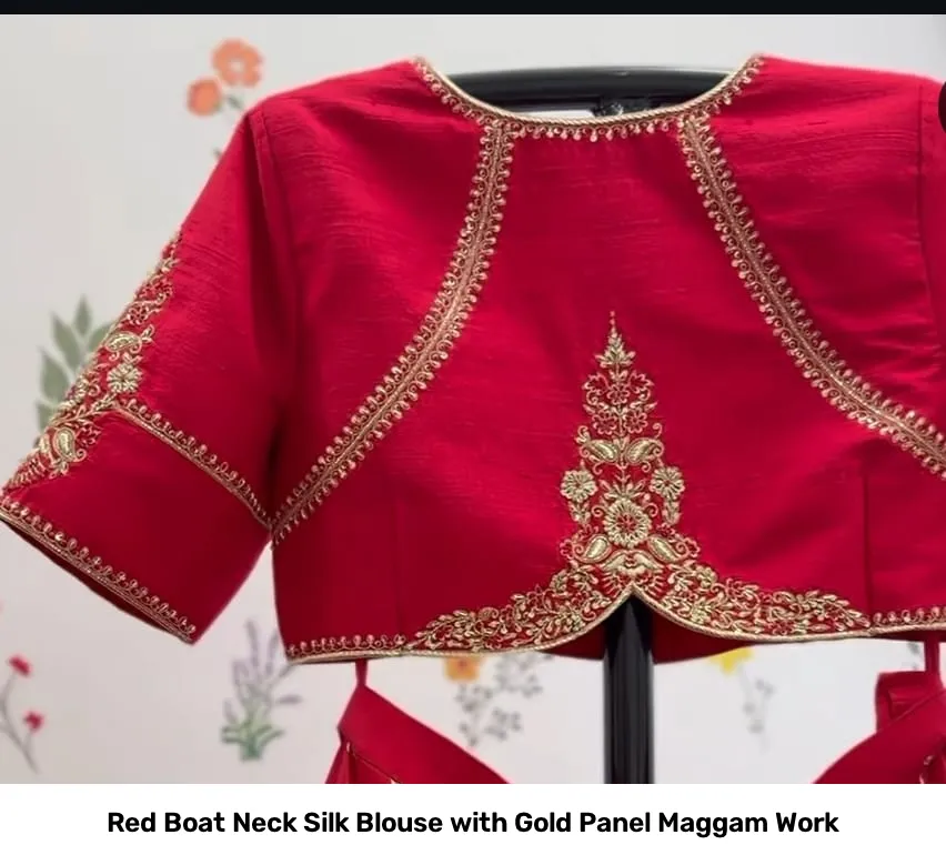 Red Boat Neck Silk Blouse with Gold Panel Maggam Work 4