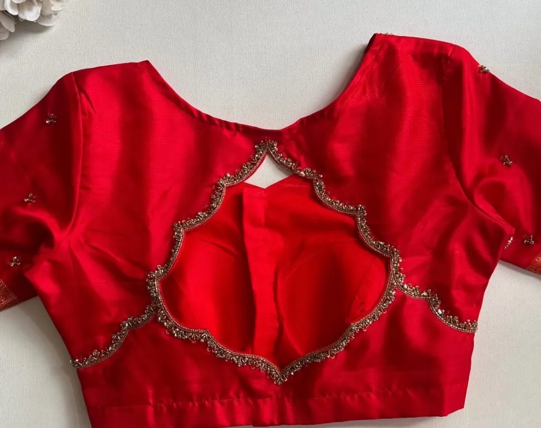 Red Bridal Raw Silk Readymade Blouse Wholesale | Elephant Baarat Border & Scallop Cutout Back Maggam Work Blouse