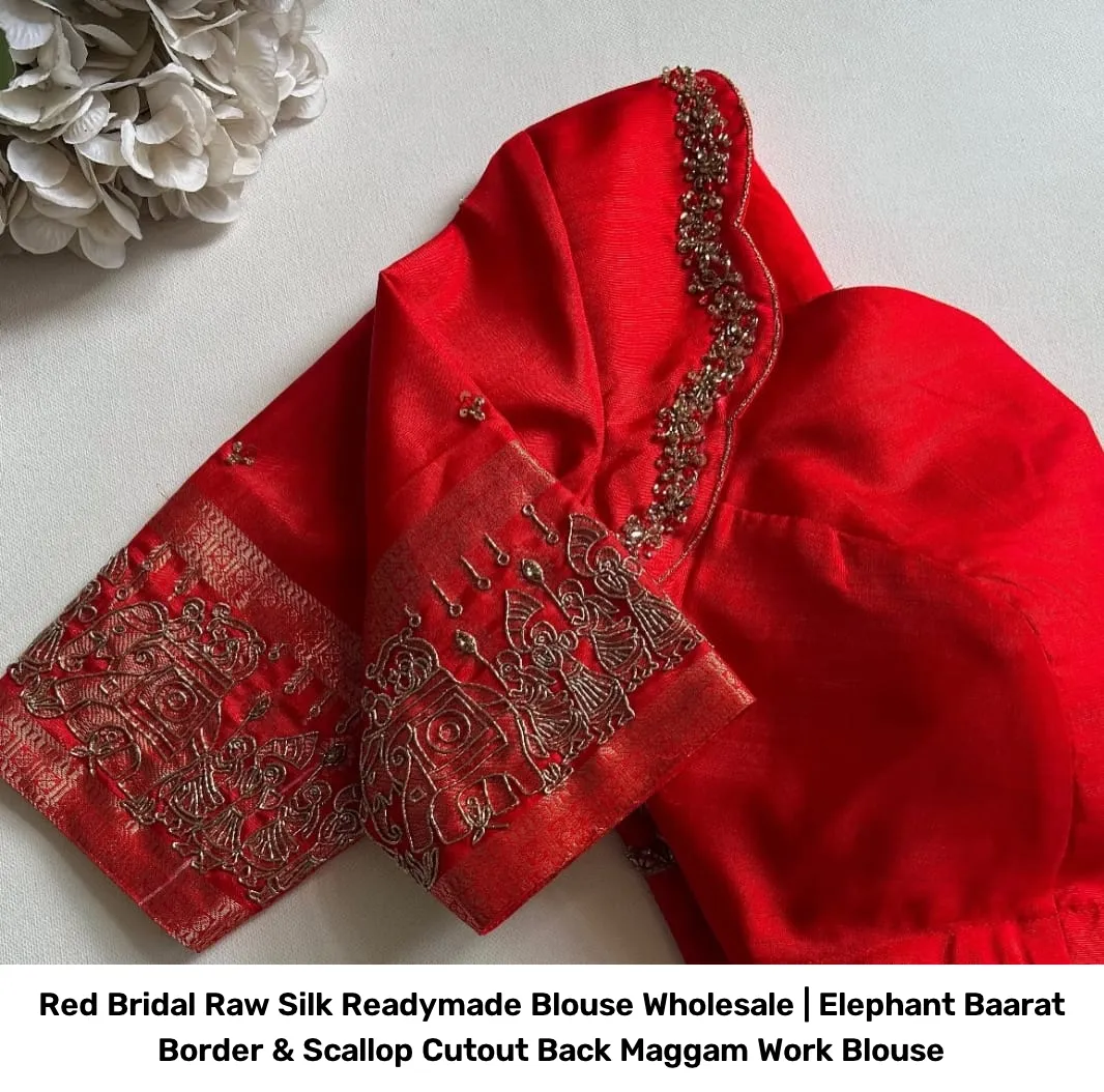 Red Bridal Raw Silk Readymade Blouse Wholesale | Elephant Baarat Border & Scallop Cutout Back Maggam Work Blouse 2