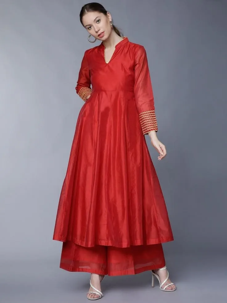 Red Chanderi Silk Flared Kurta Set with Palazzo