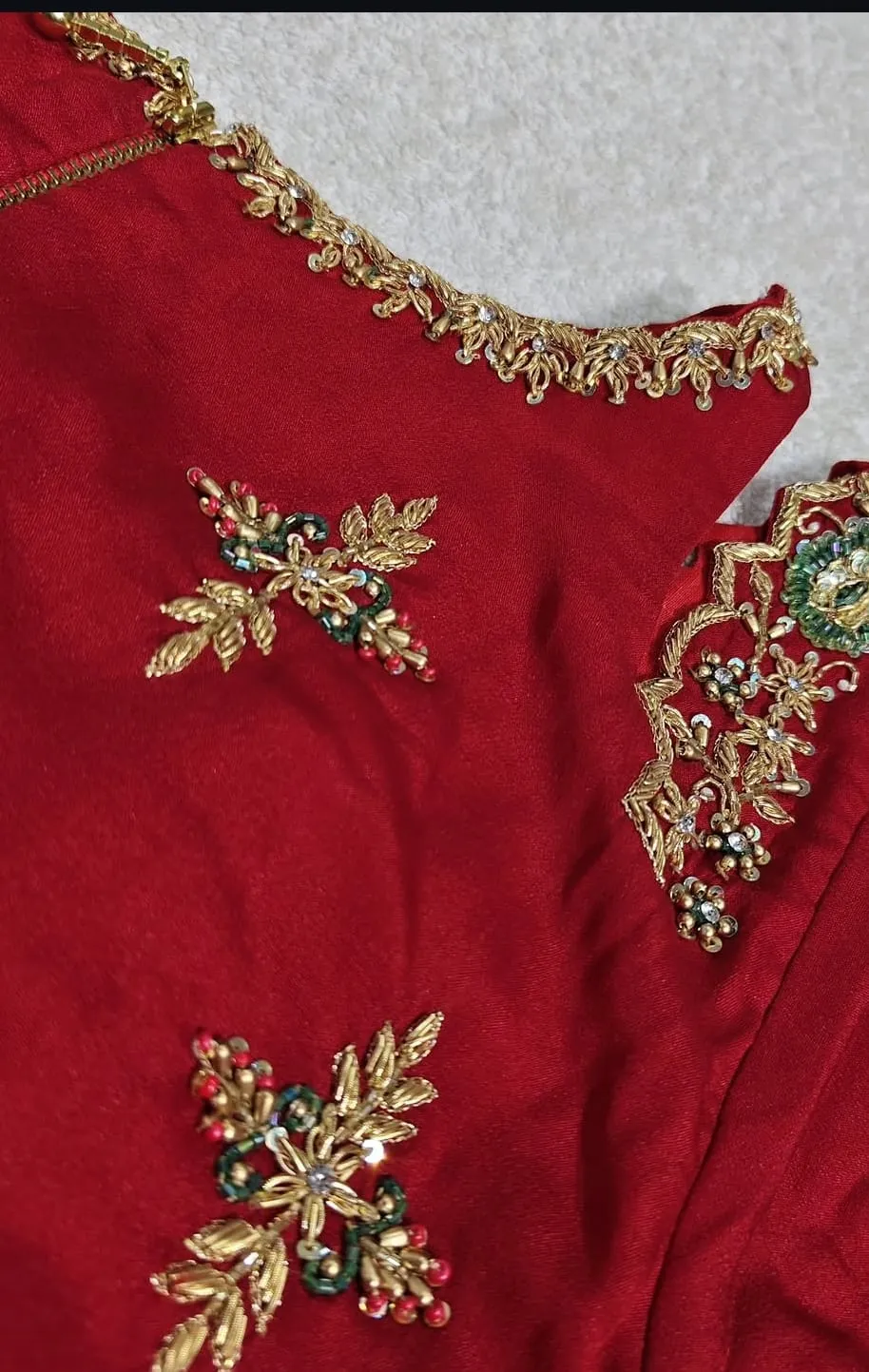 Red Green Contrast Bridal Blouse | Gold Zardozi Aari Hand Embroidery | Raw Silk Back Panel with Scalloped Border | Banarasi Zari Sleeves | Custom Stitched
