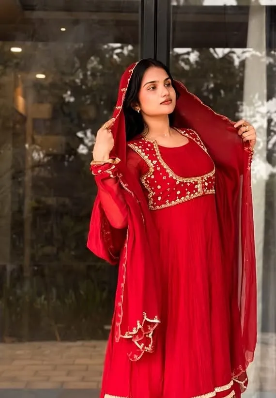 Red Hand-Embroidered Anarkali Suit with Dupatta