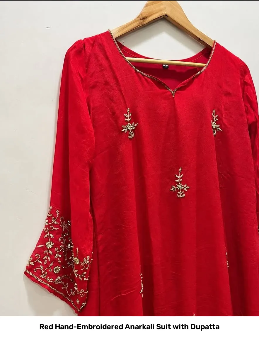 Red Hand-Embroidered Anarkali Suit with Dupatta 2