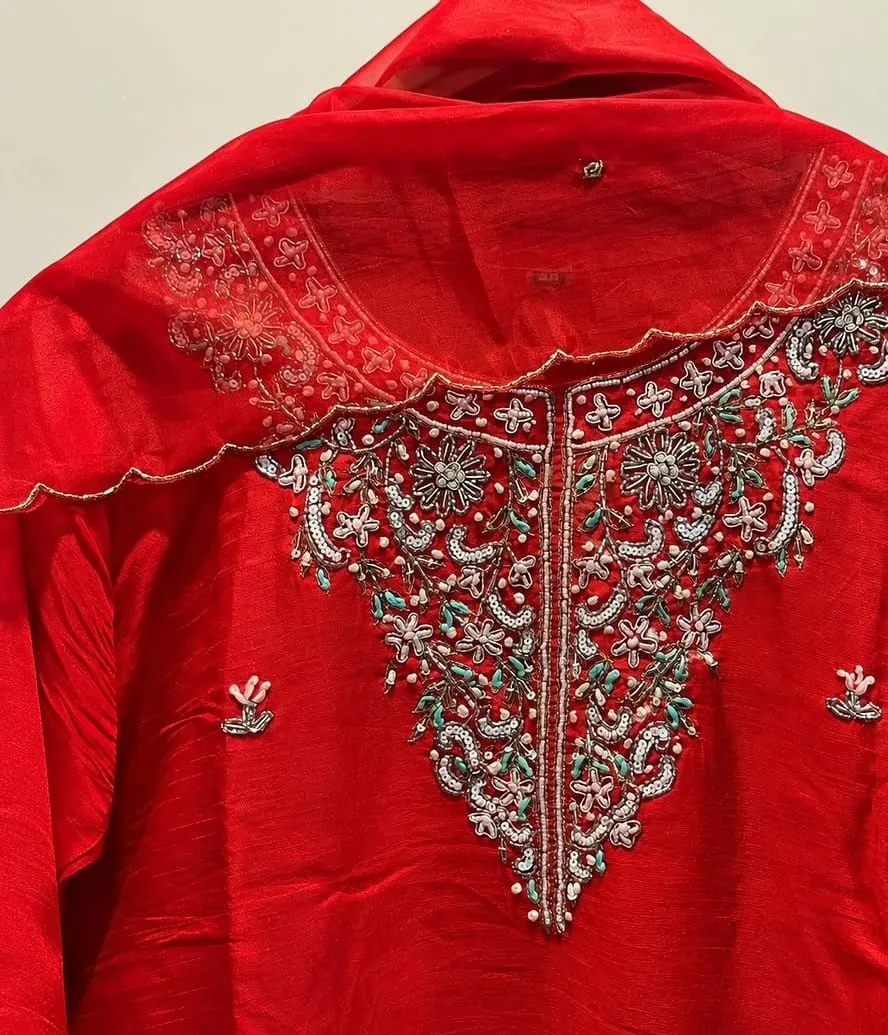 Red Hand-Embroidered Straight Kurta Set with Dupatta