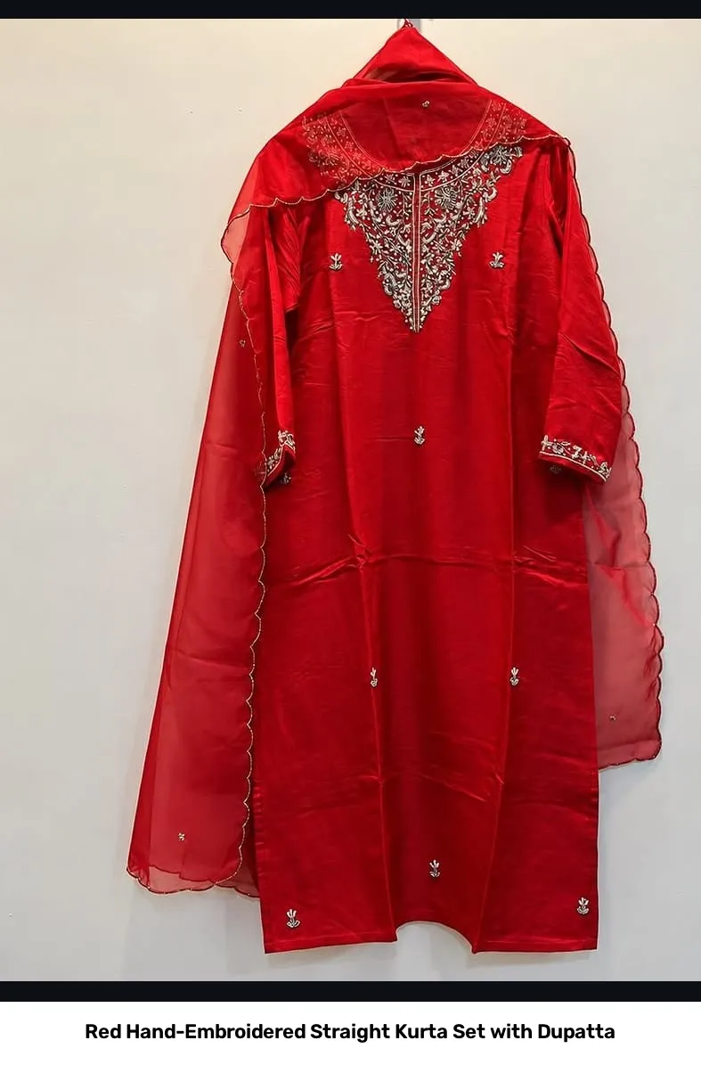 Red Hand-Embroidered Straight Kurta Set with Dupatta 2